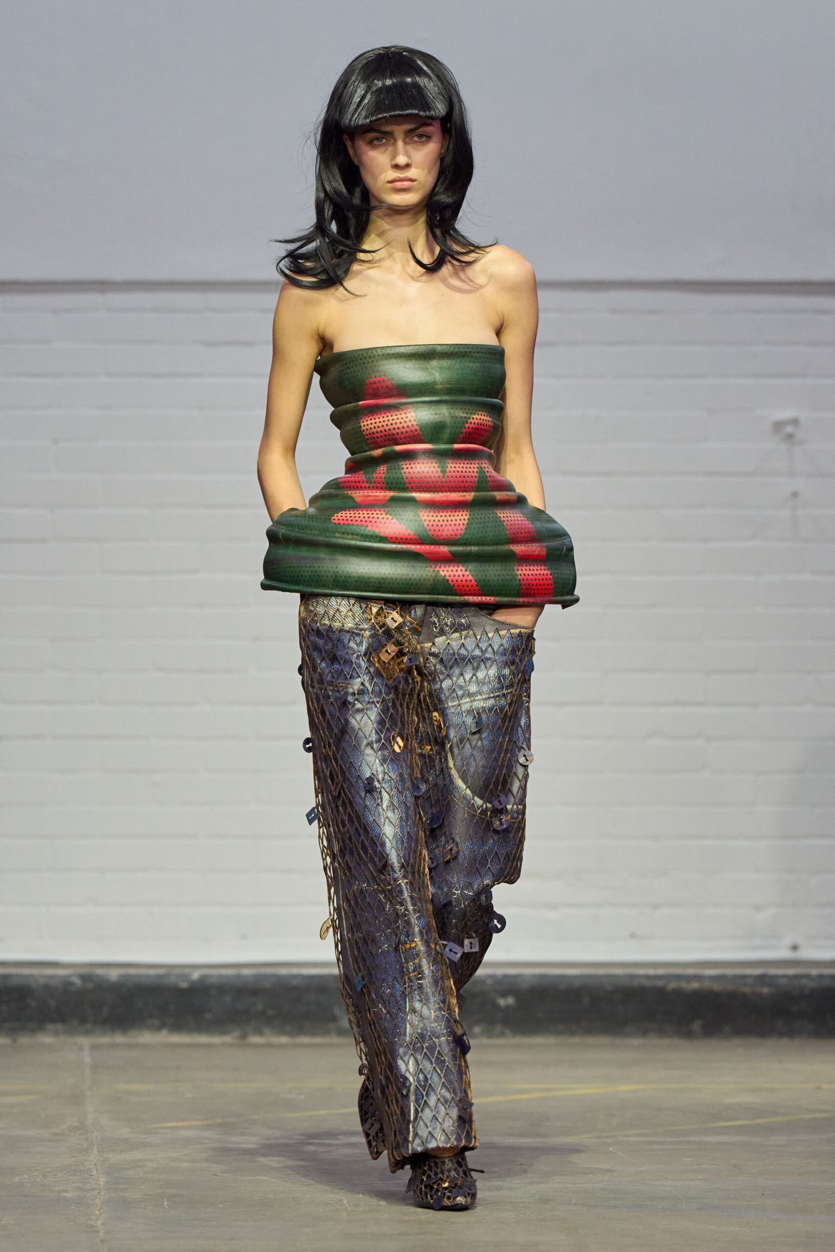 green cotton sleeveless high-neck fitted draped top