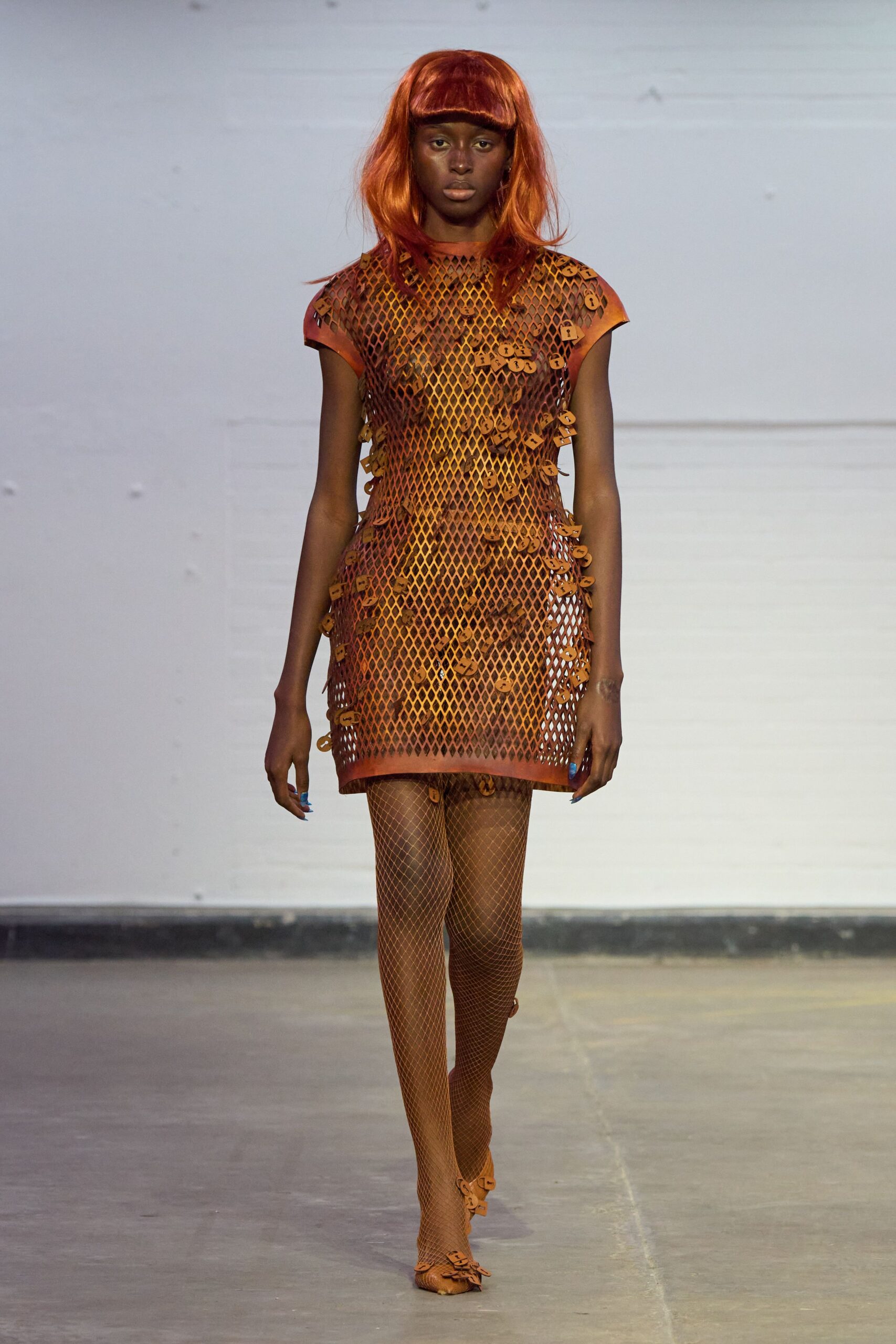orange mesh short-sleeve high-neck fitted fringed mini dress