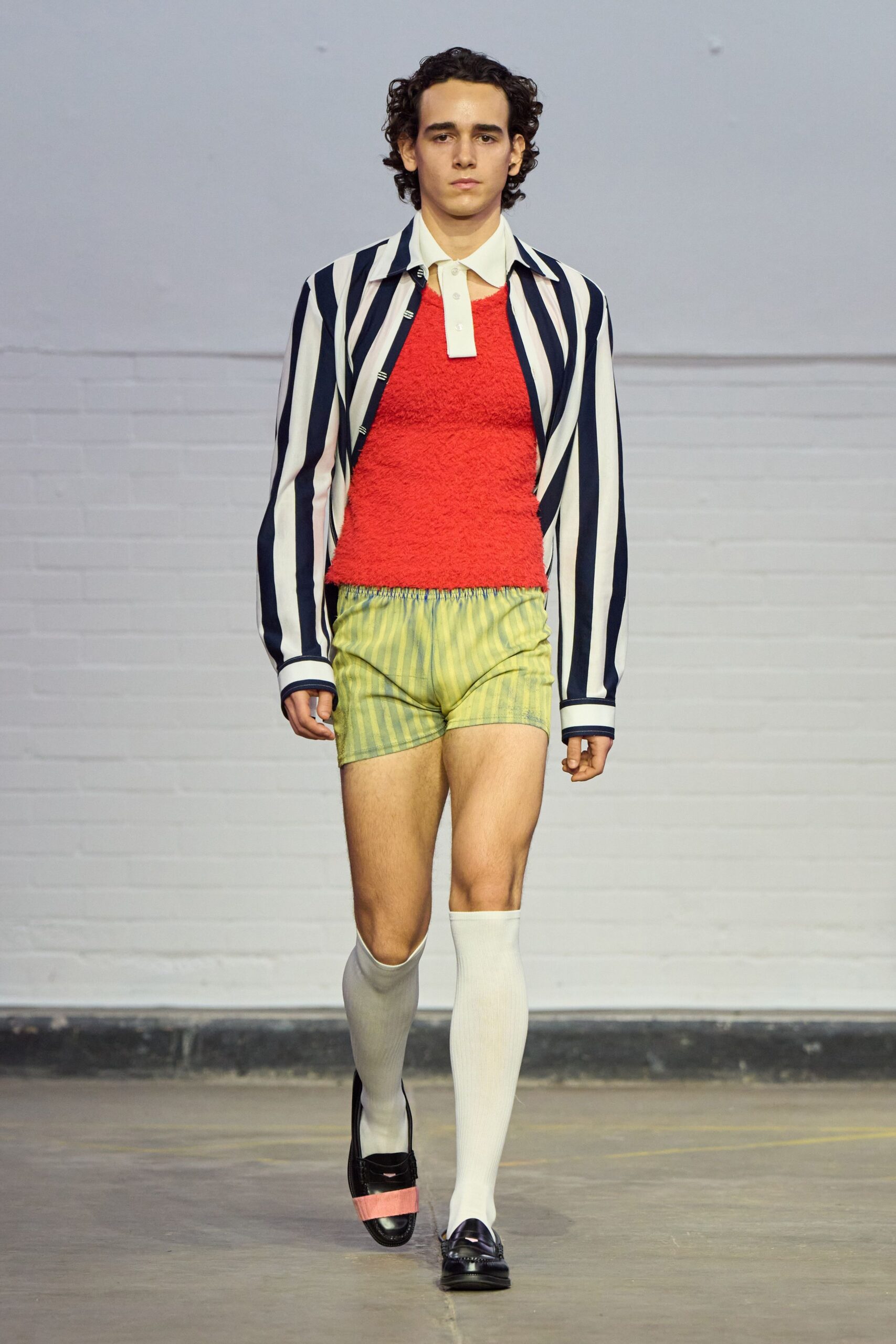 blue long-sleeve collared tailored striped jacket
