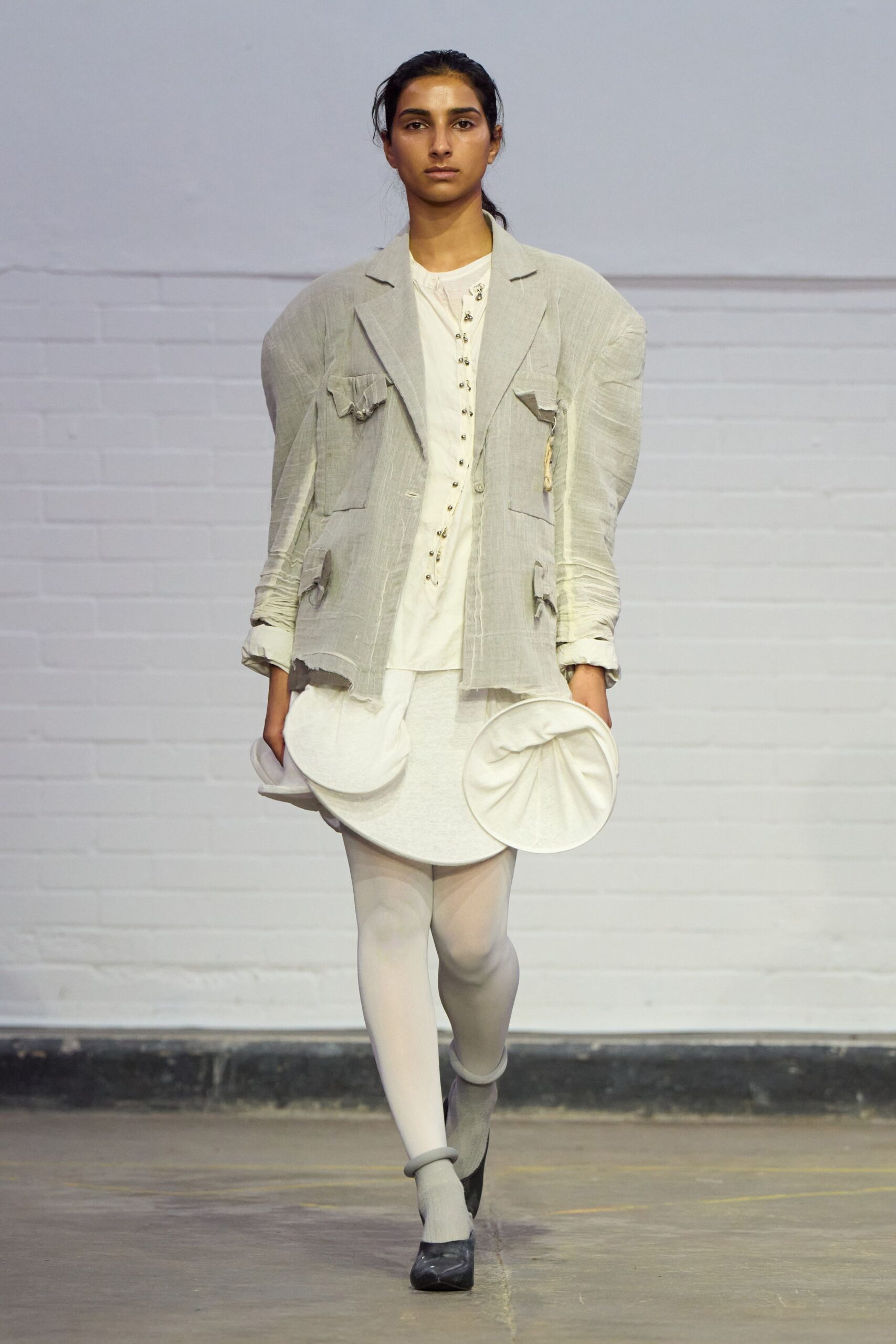 gray linen long-sleeve collared oversized buttoned layered jacket