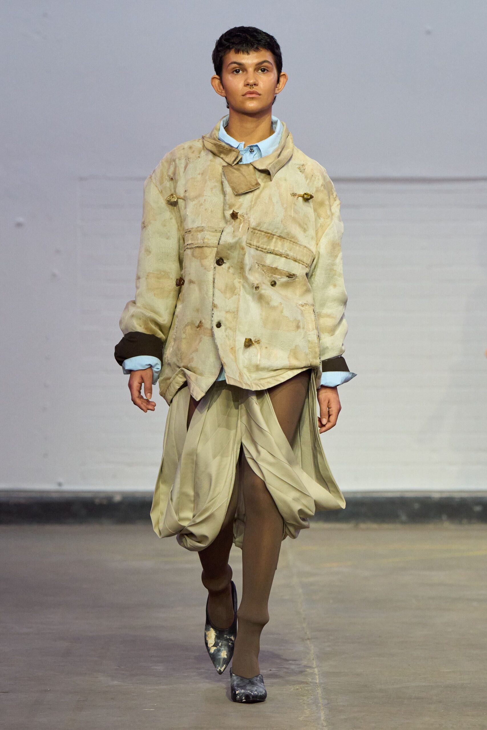 beige cotton long-sleeve collared oversized buttoned draped jacket