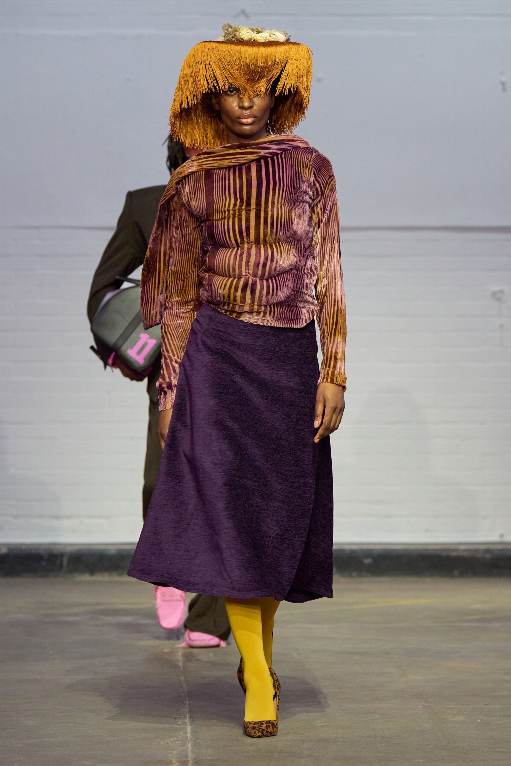 purple silk long-sleeve high-neck fitted pleated top