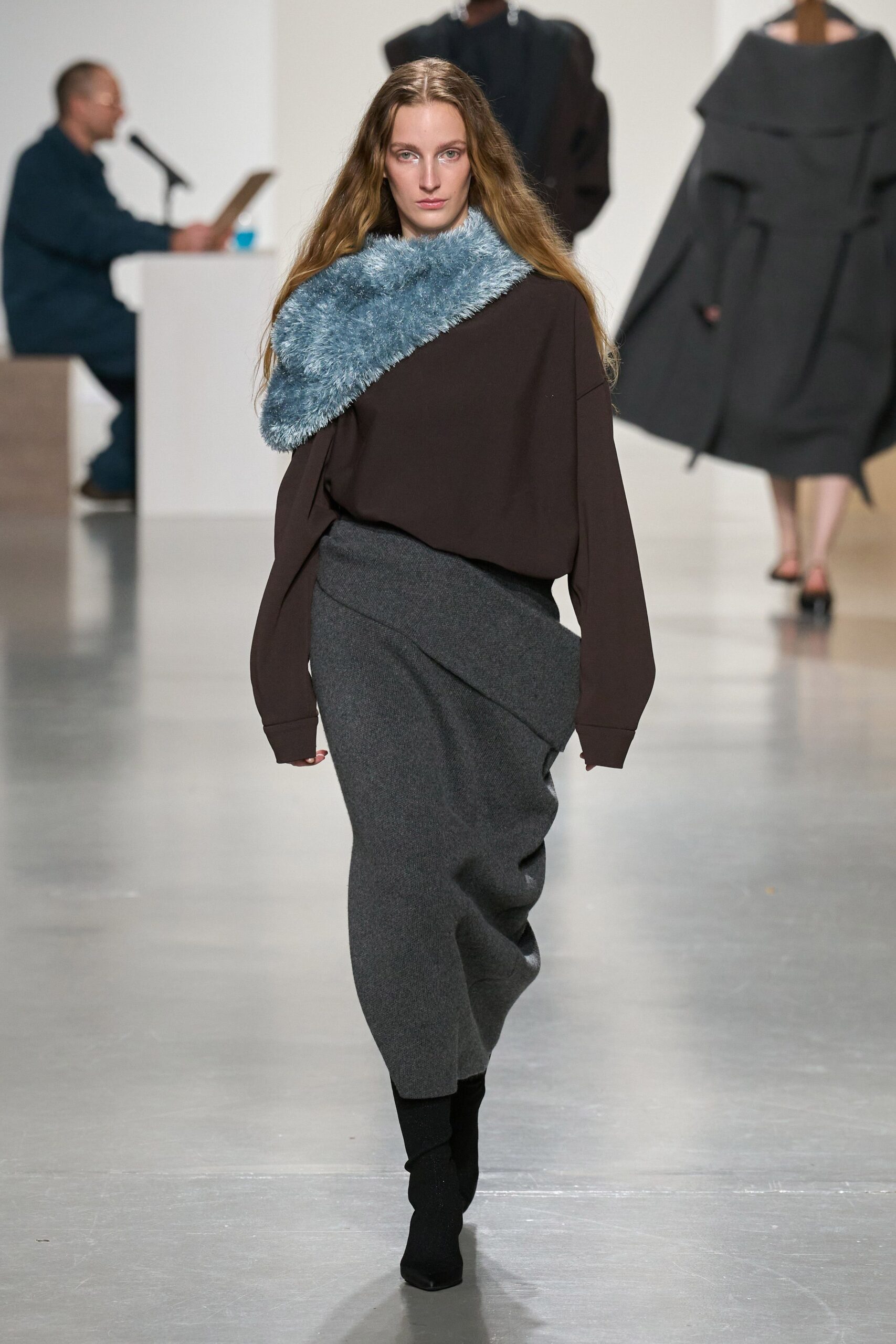 gray wool asymmetric wrap fitted skirt