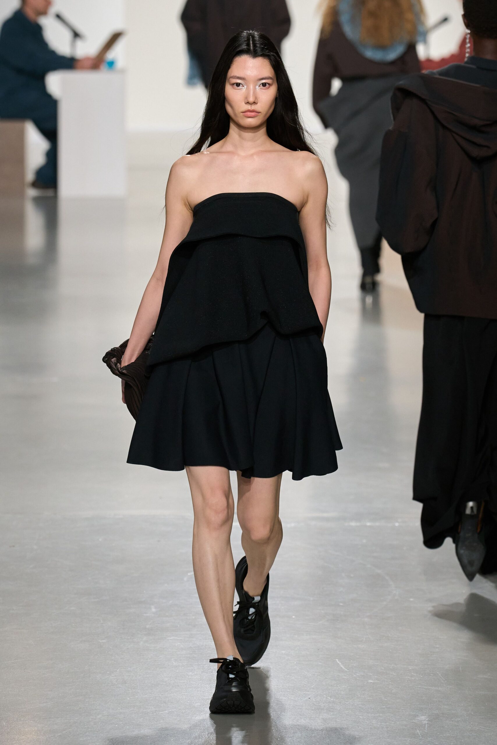 black cotton sleeveless off-shoulder fitted layered flared dress
