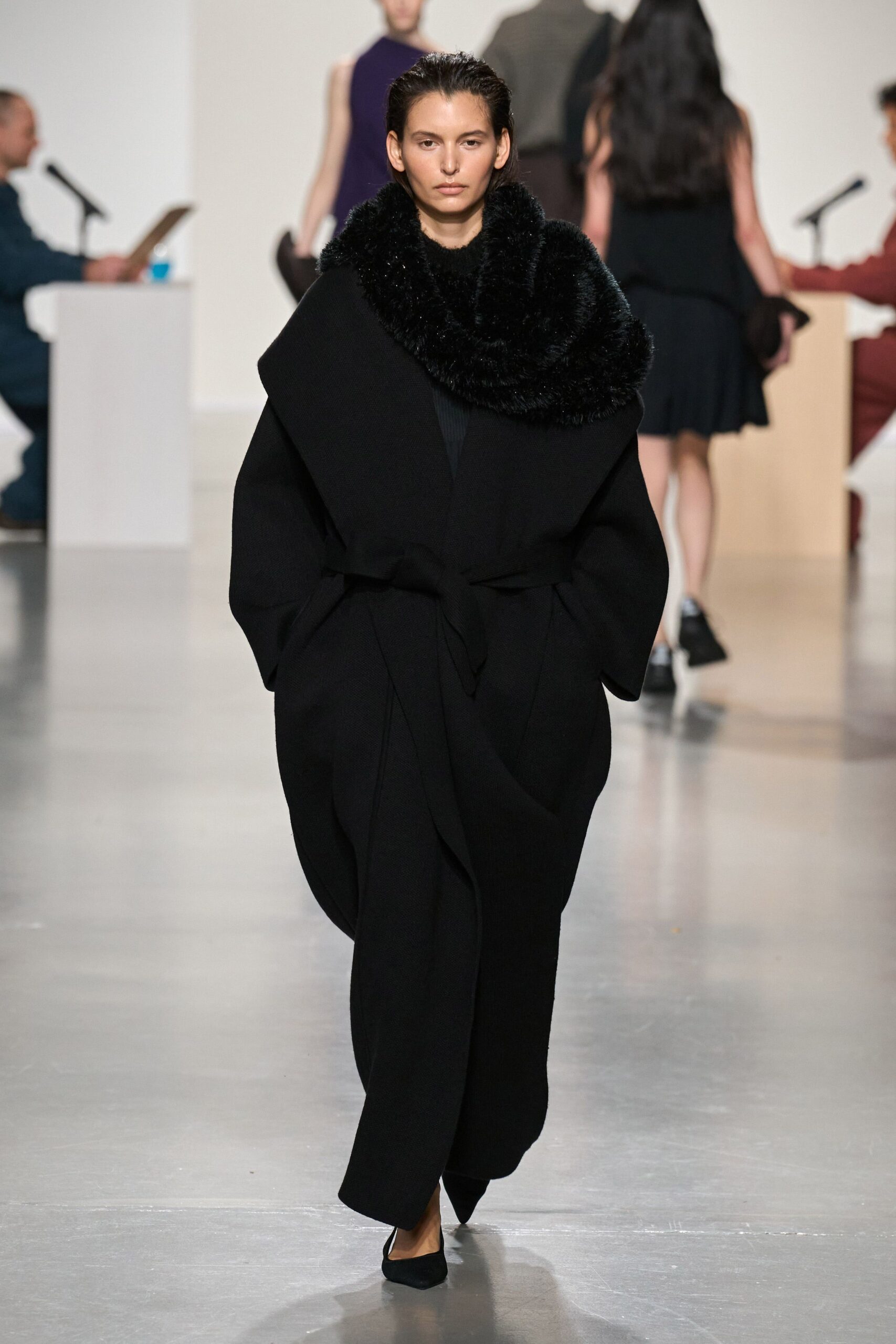 black wool long-sleeve relaxed draped coat