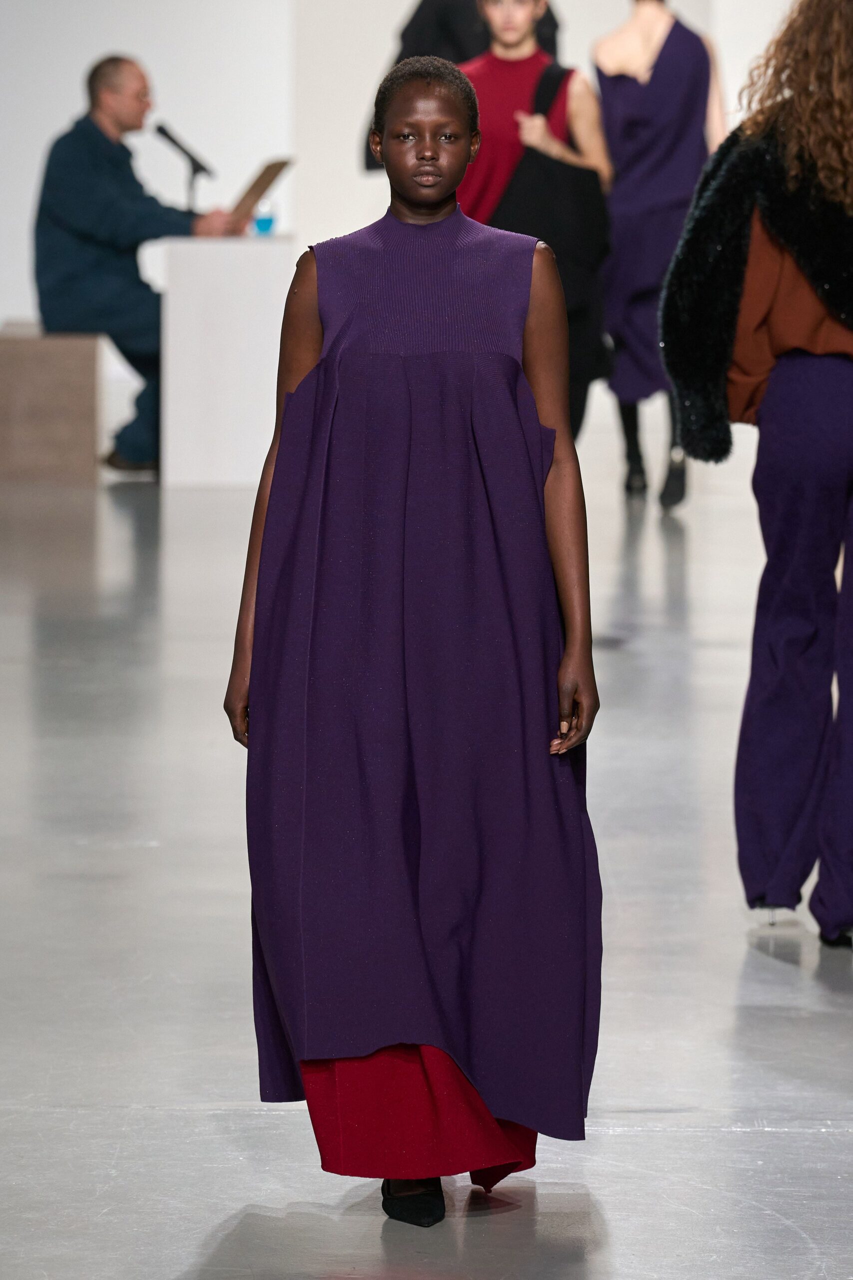 purple cotton sleeveless high-neck relaxed pleated maxi dress