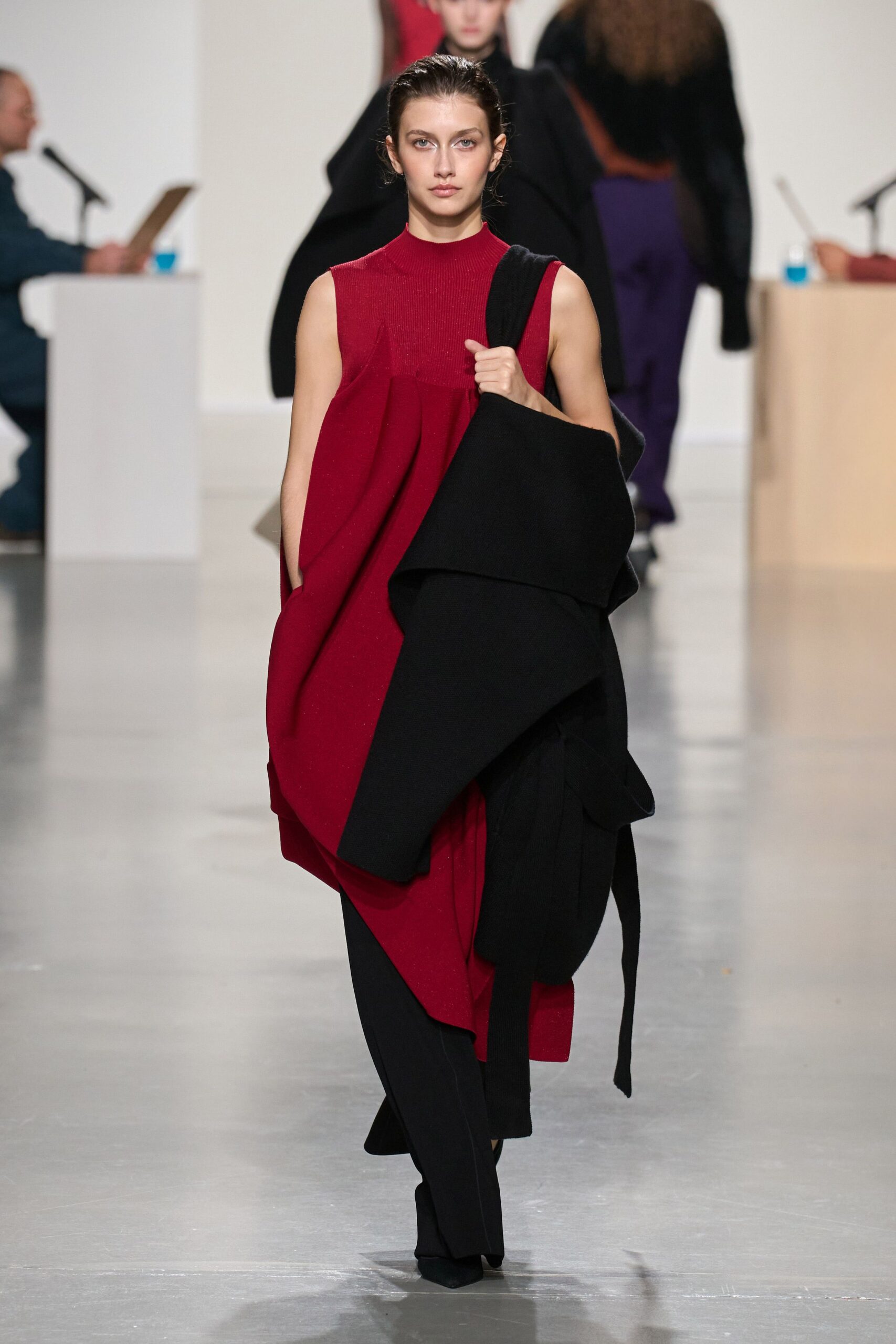 red wool sleeveless high-neck relaxed draped midi dress