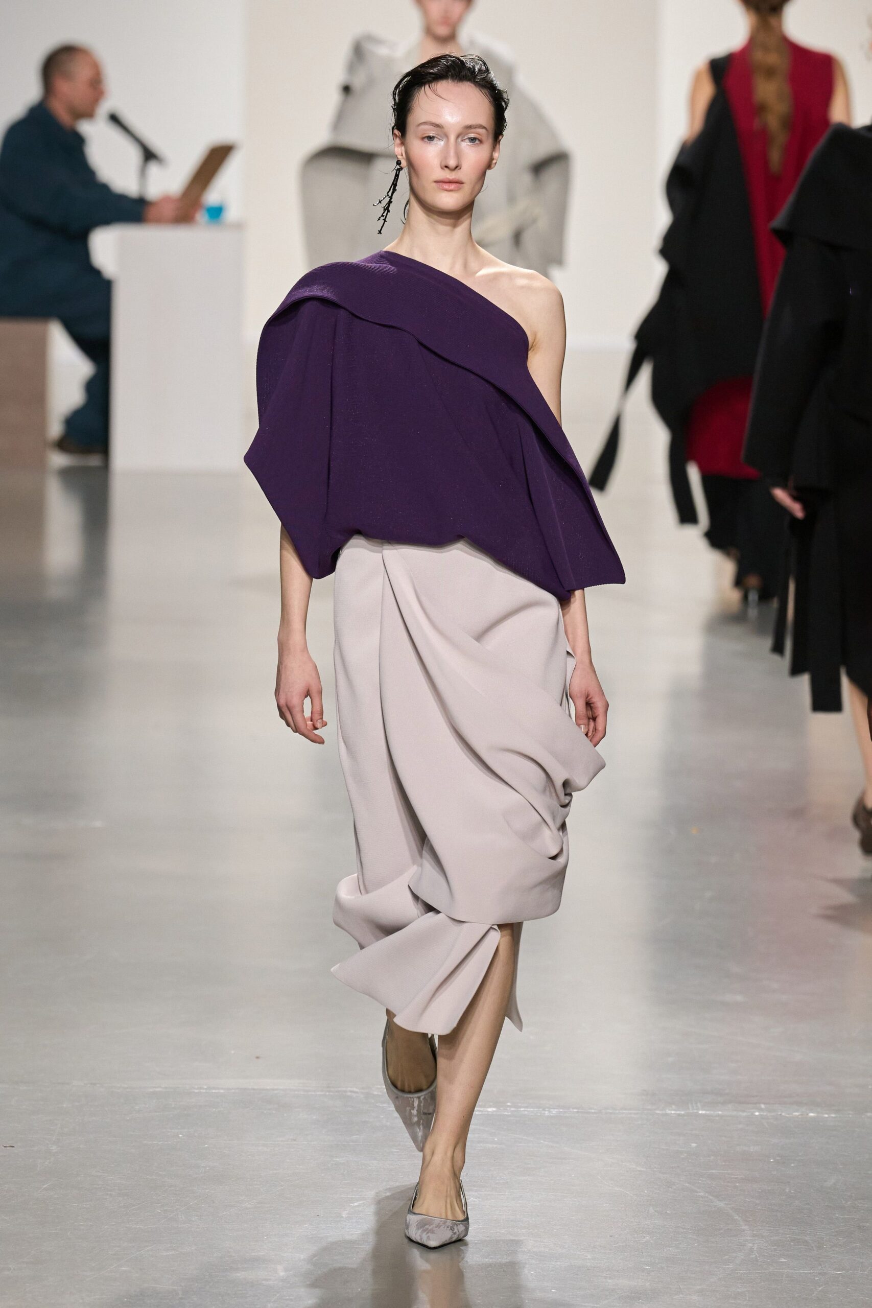purple wool sleeveless asymmetric fitted draped dress