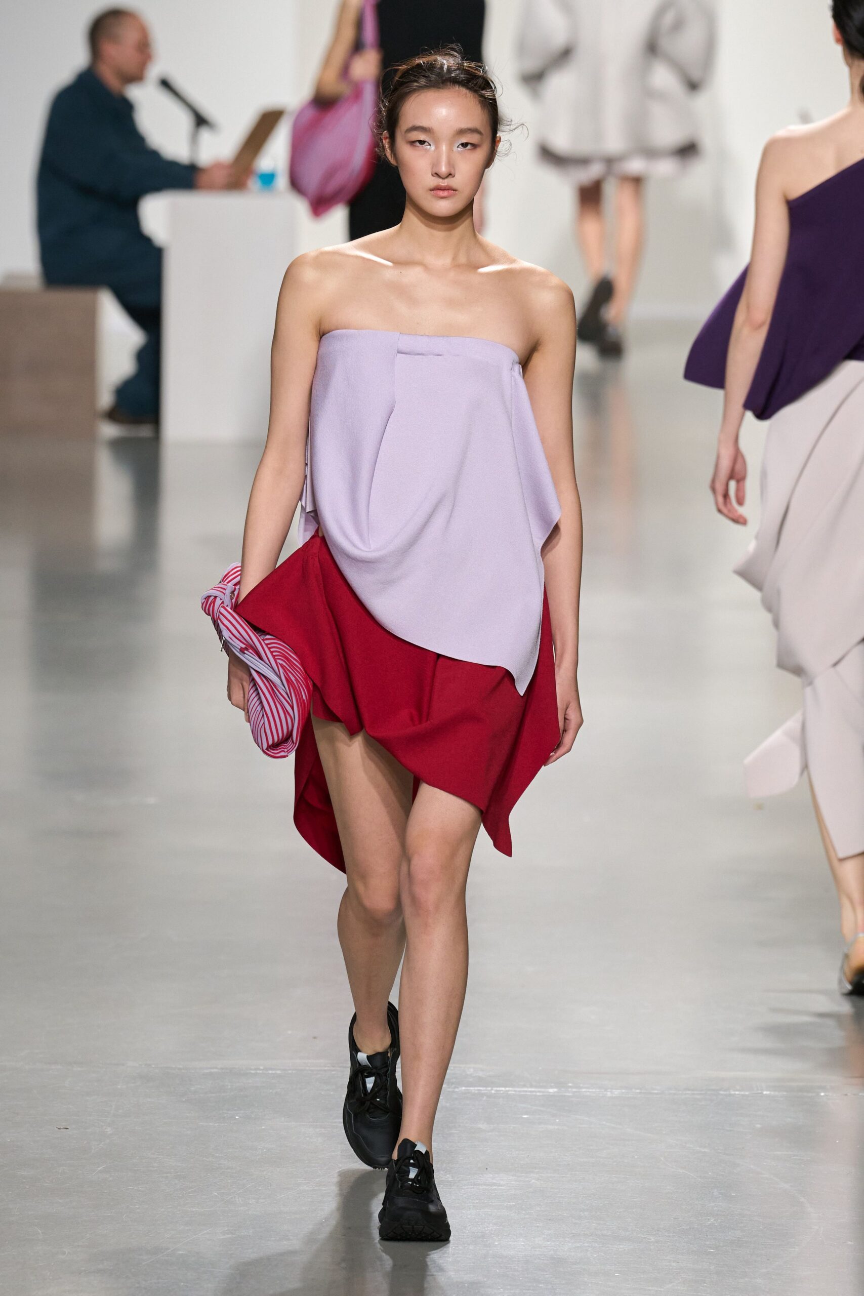purple silk strapless asymmetric fitted draped mini dress