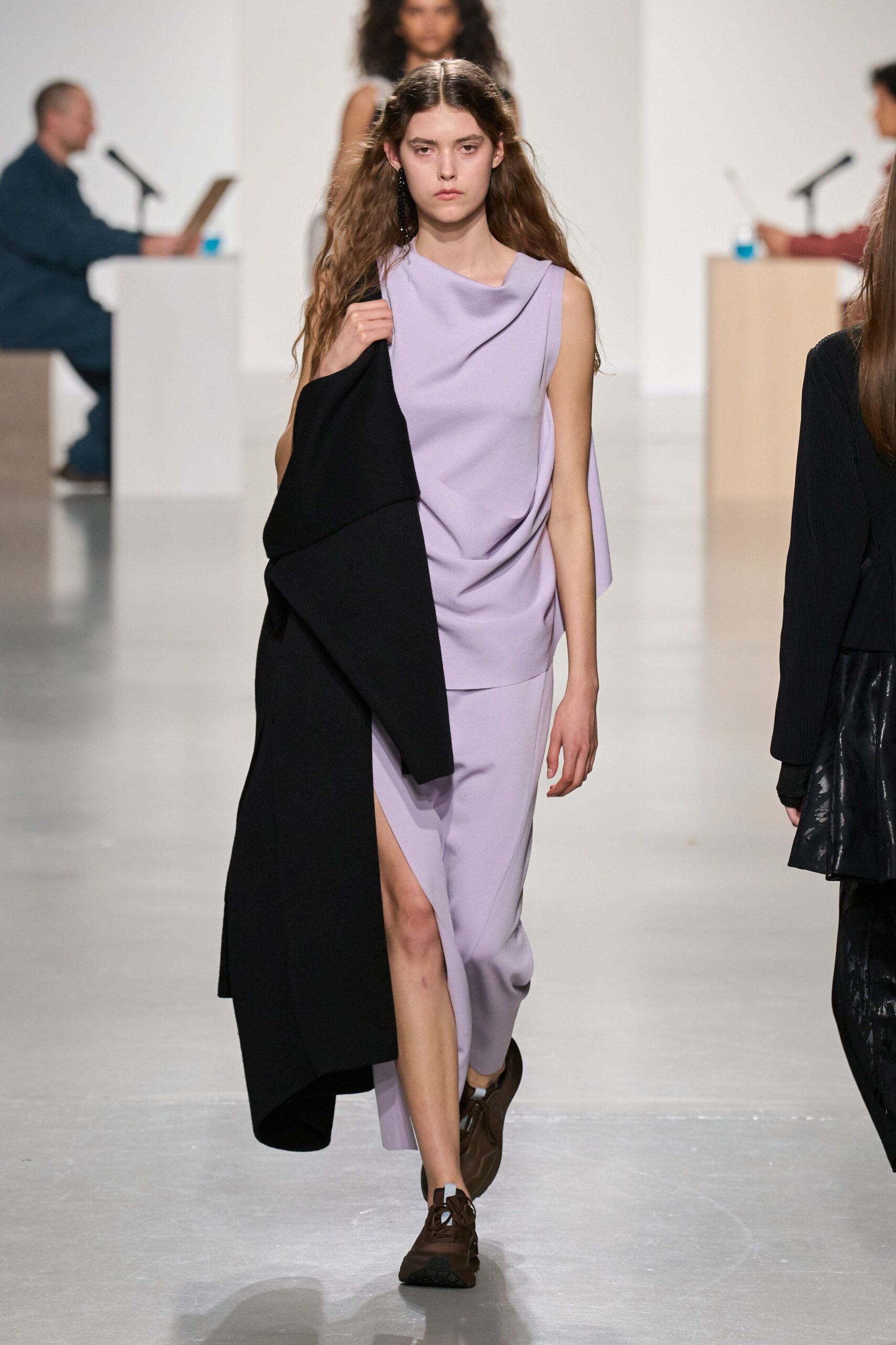 lavender cotton sleeveless v-neck fitted draped midi dress