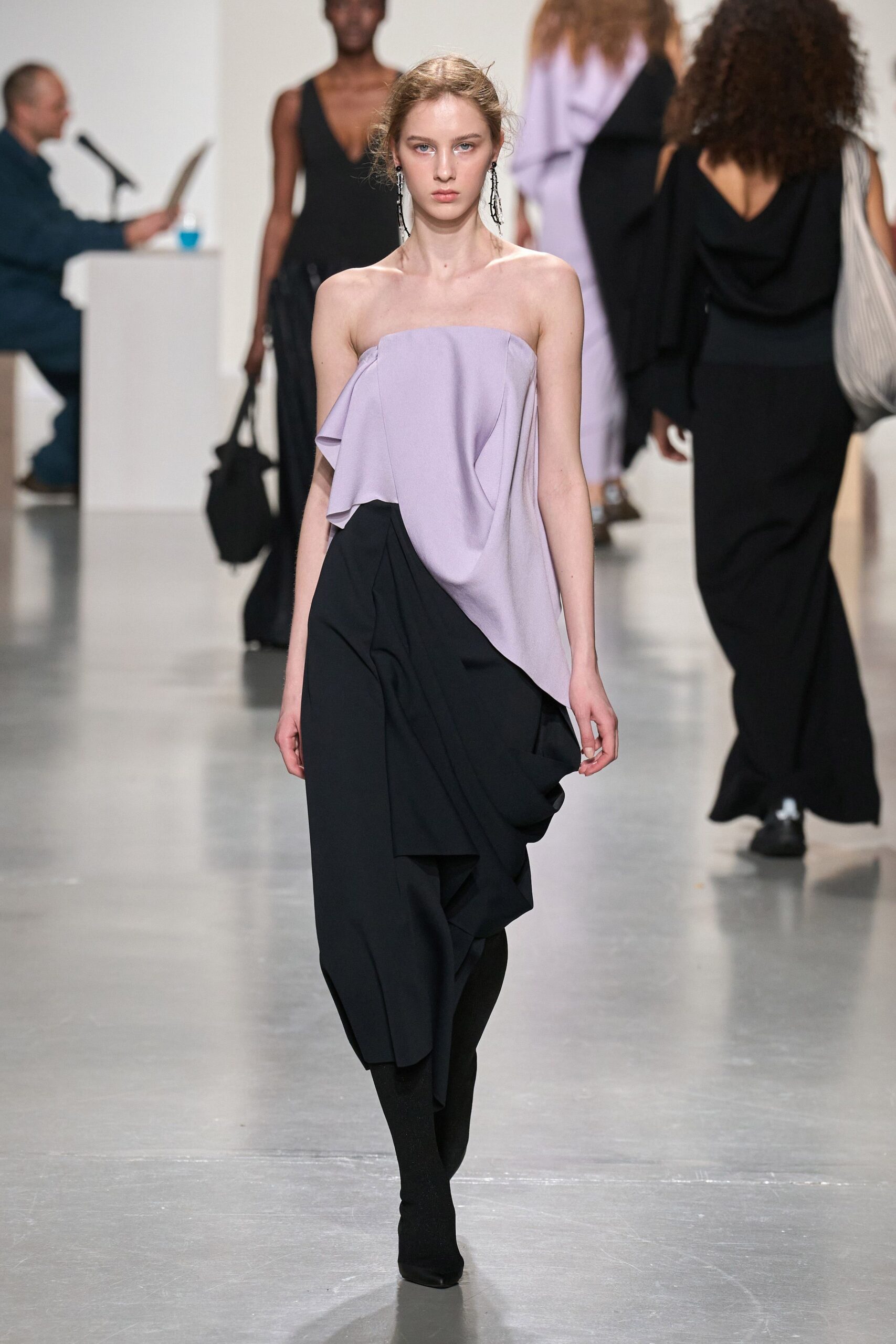 purple black asymmetric strapless dress