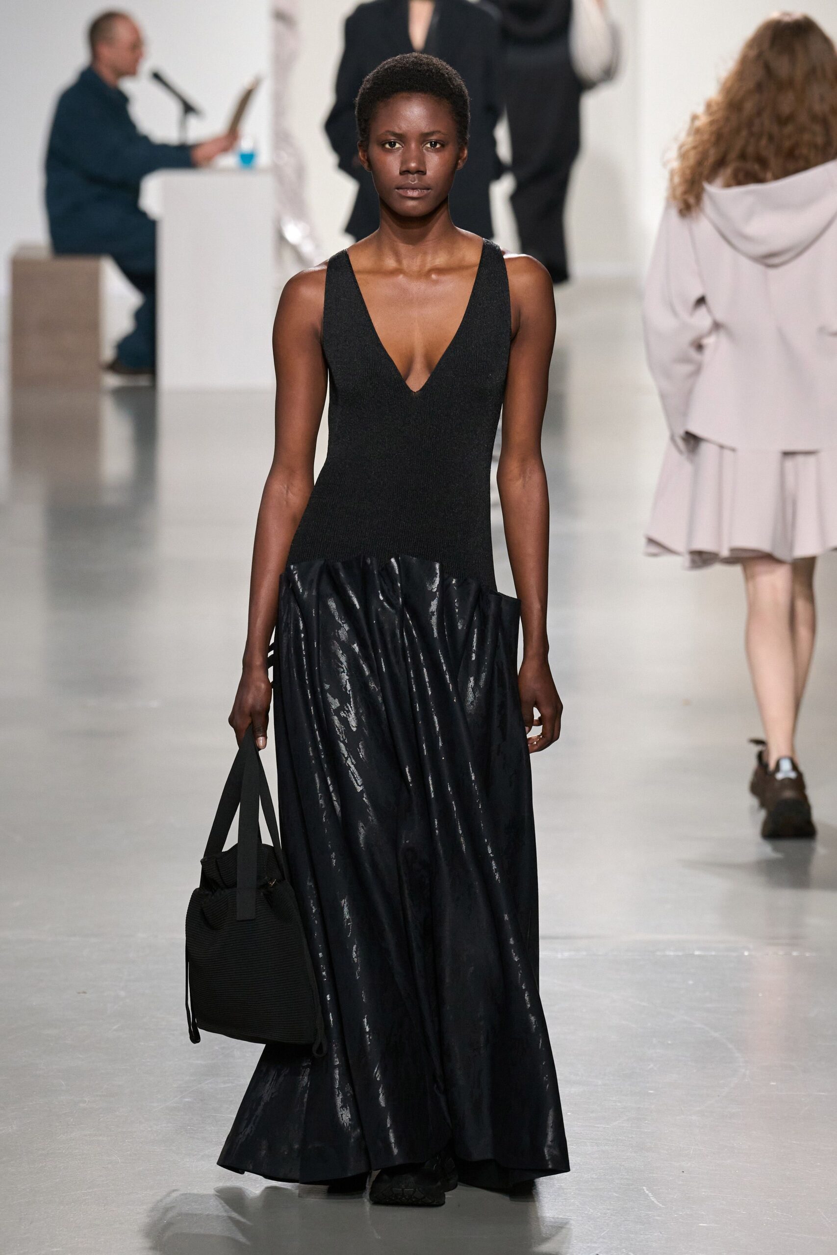 black draped maxi dress with bag
