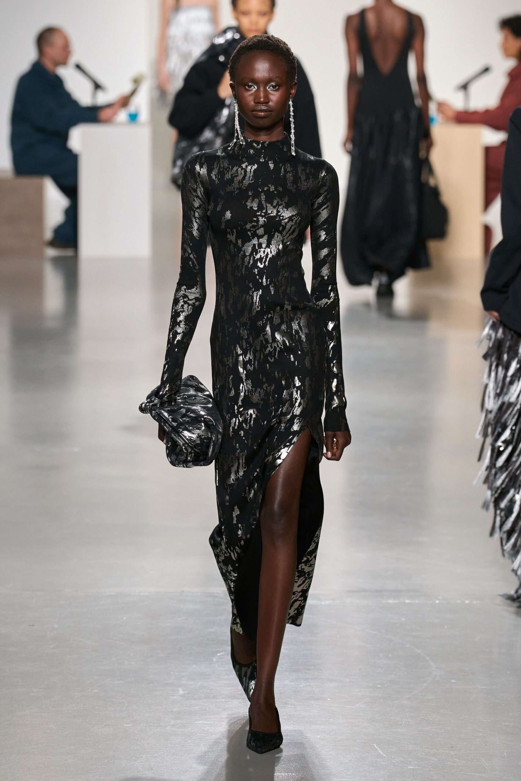 black silk long-sleeve high-neck fitted printed shiny dress