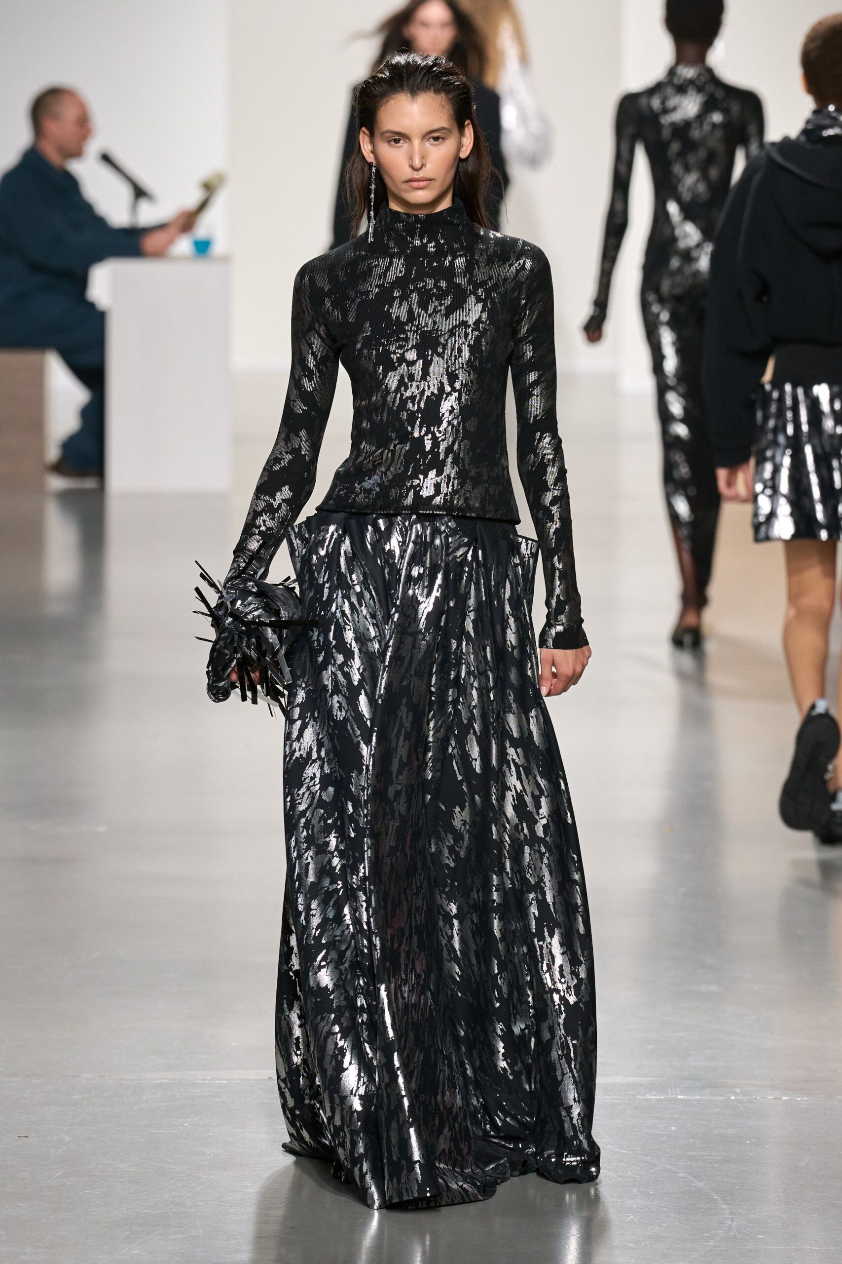 black silk long-sleeve high-neck fitted pleated gown