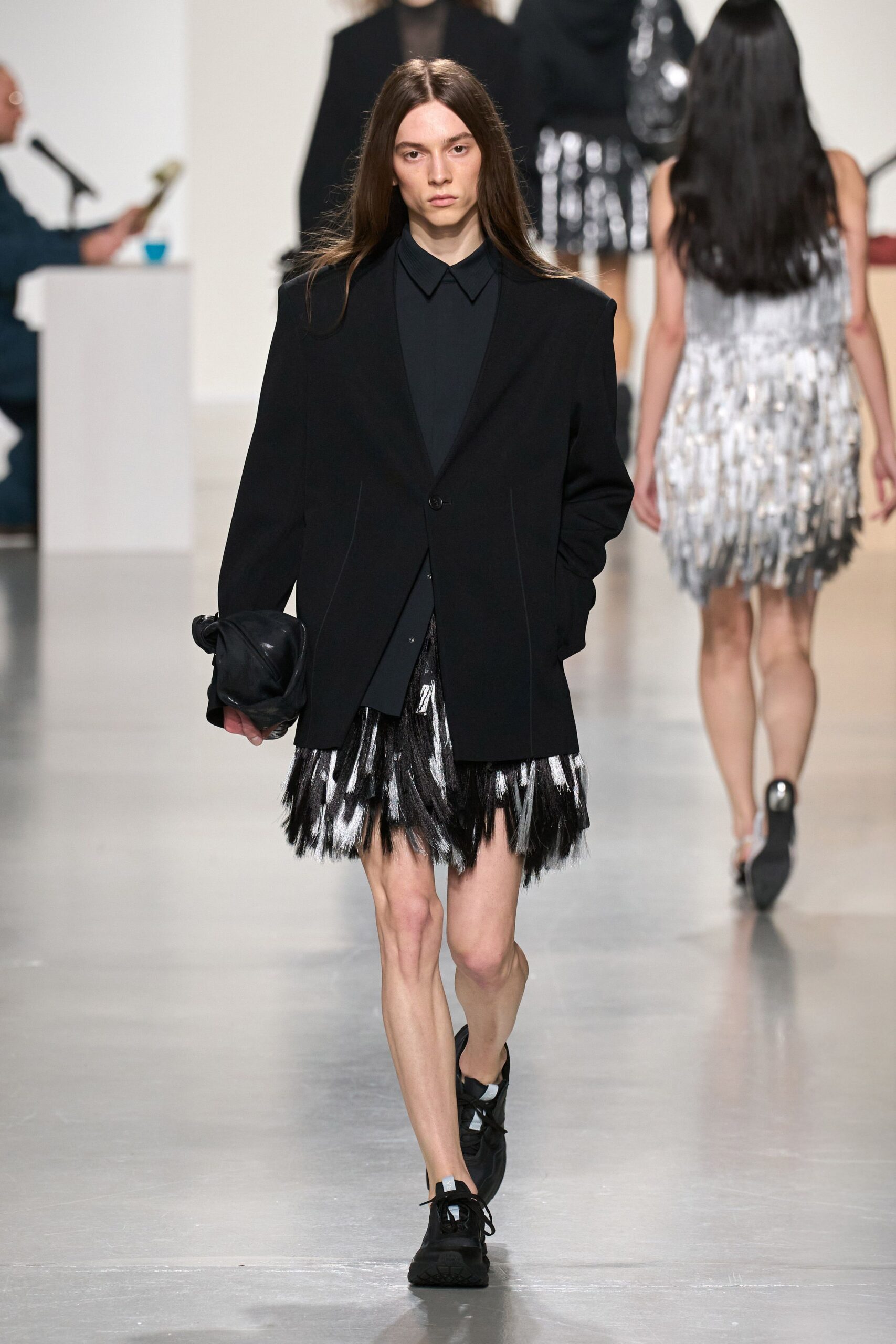 black silk fitted fringed mini skirt