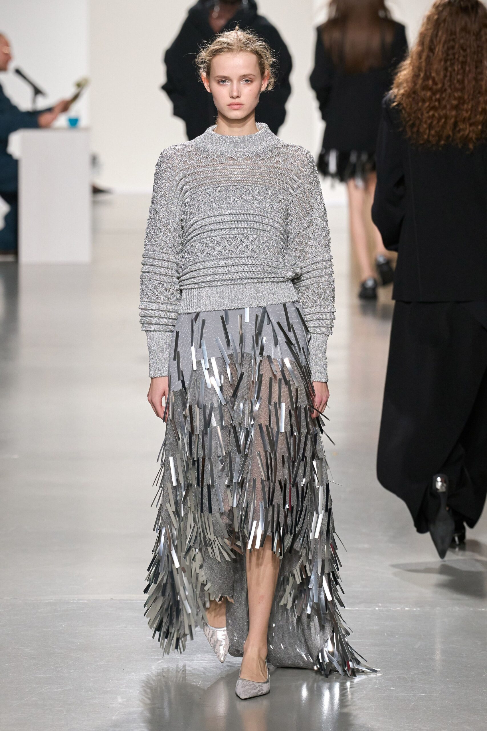 gray metallic asymmetric fitted layered shiny midi skirt