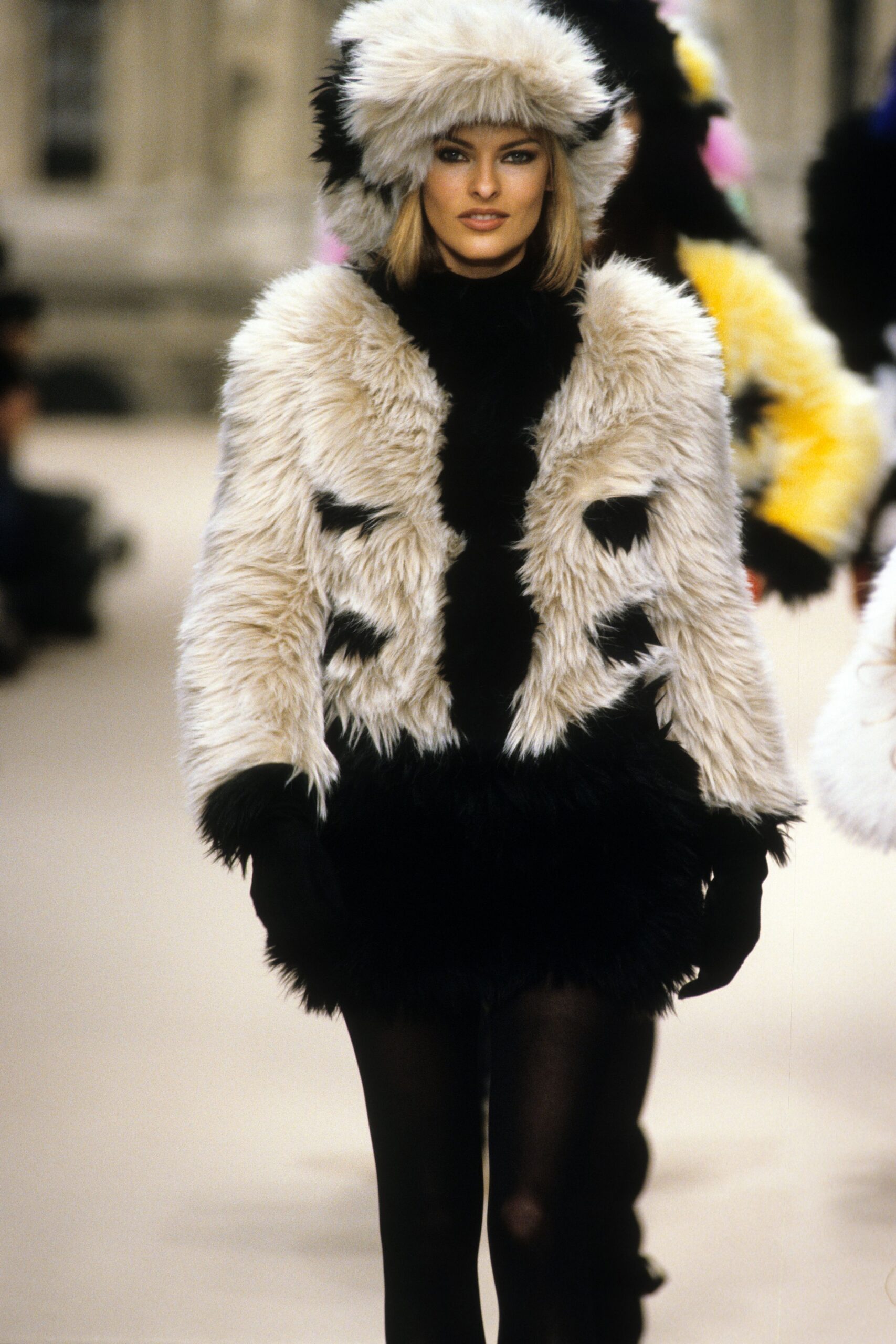black and white fur coat and mini dress