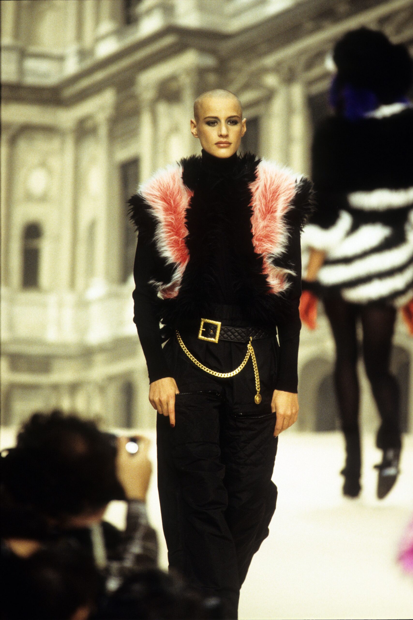 black fur top with cargo pants
