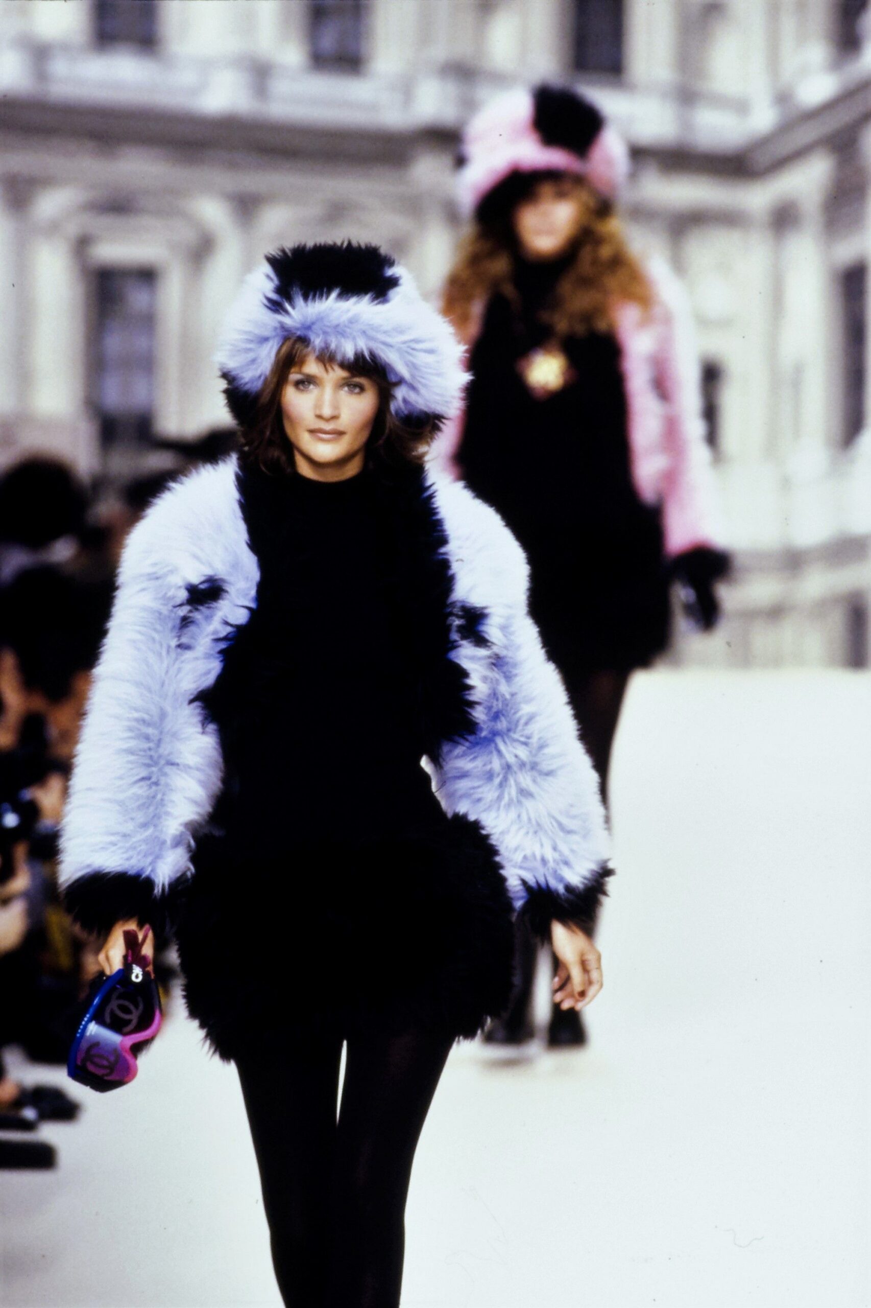 black mini dress with faux-fur coat