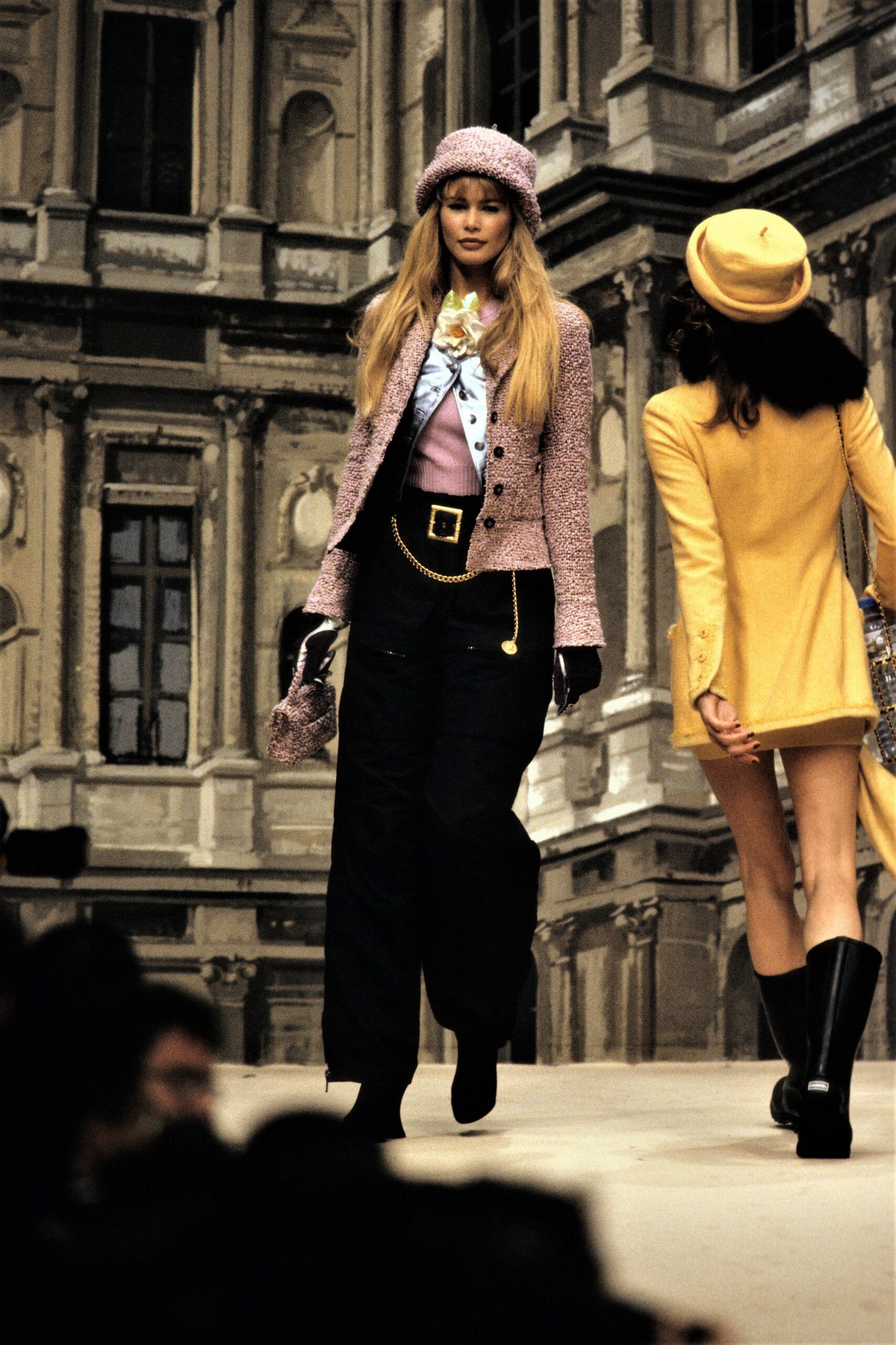 pink tweed jacket with blouse