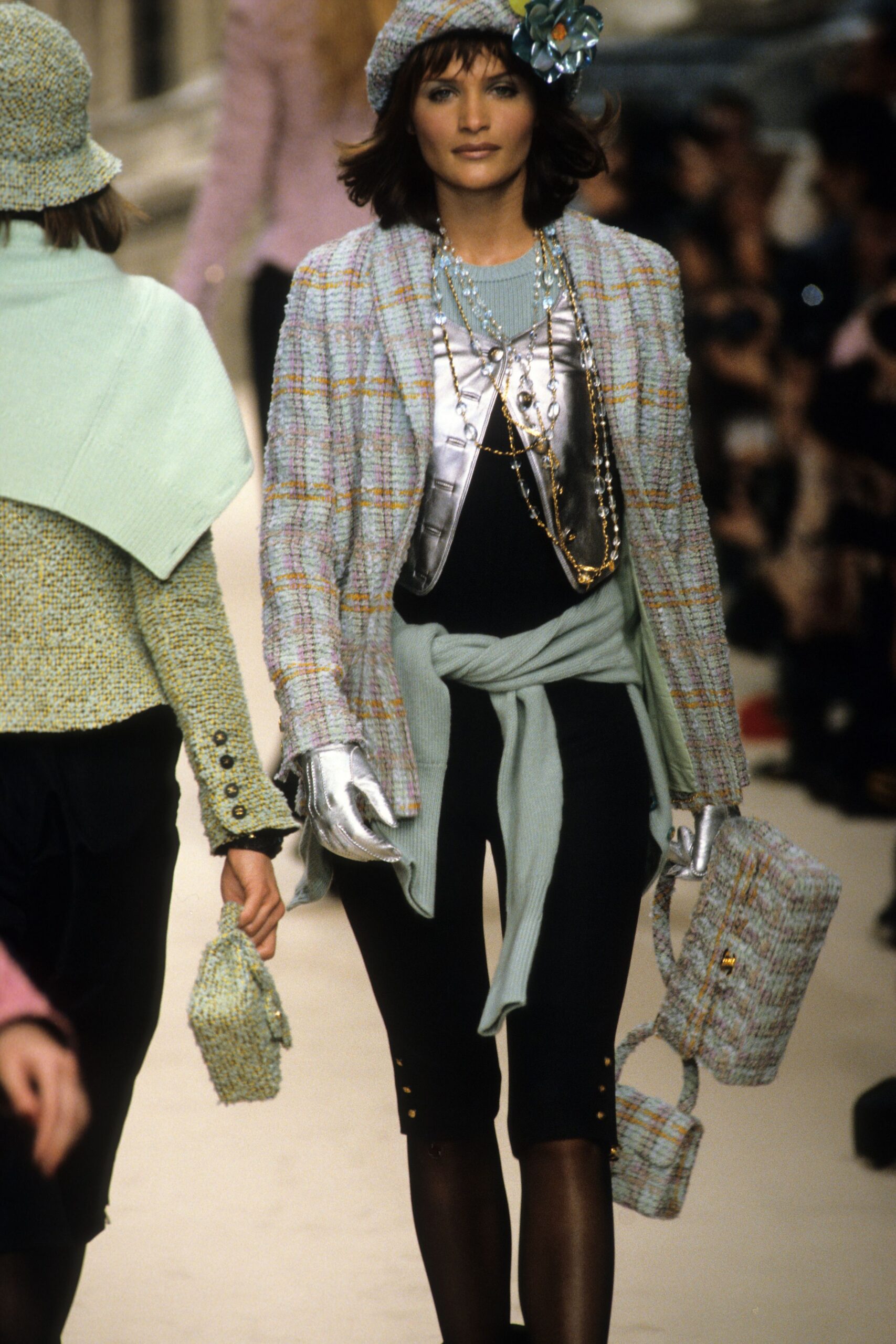 multi-colored tweed blazer with mint top