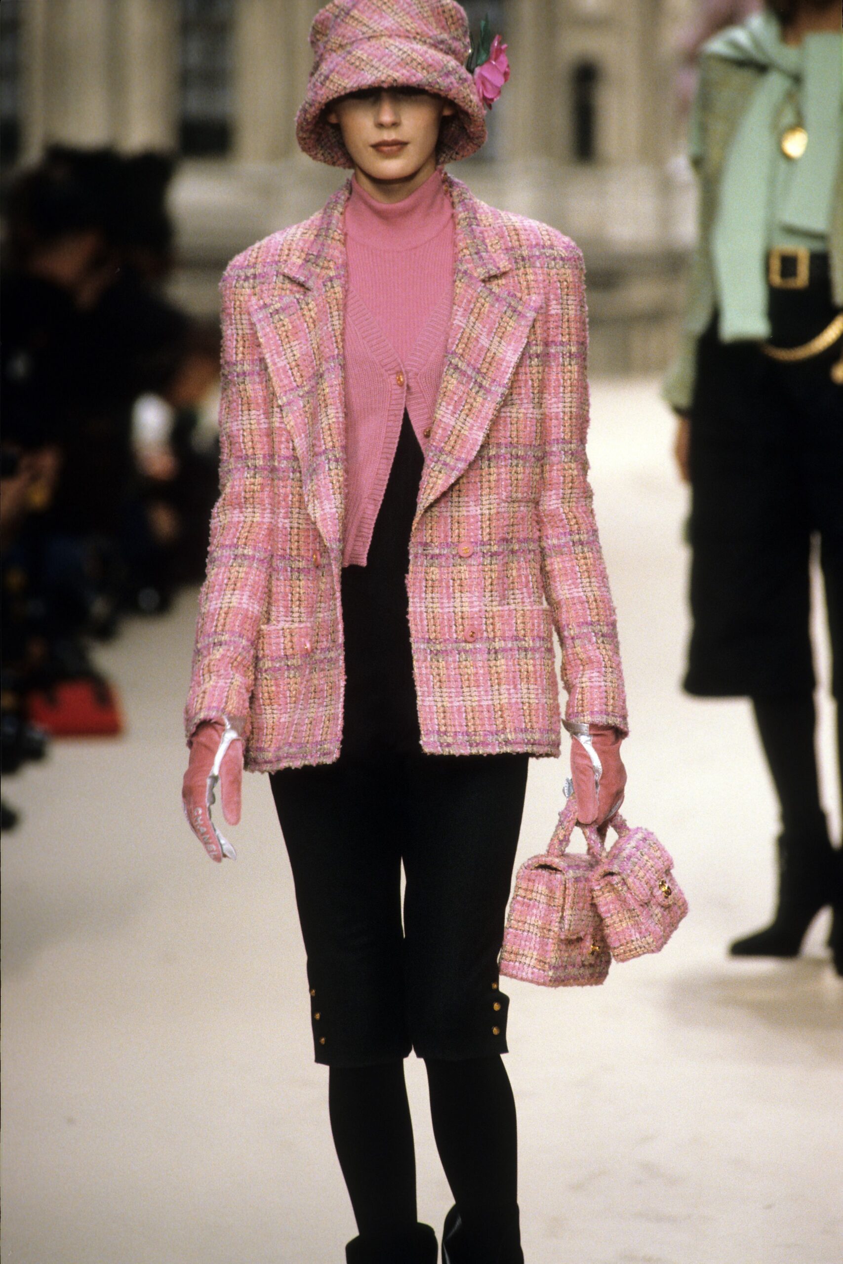 pink tweed blazer with shorts
