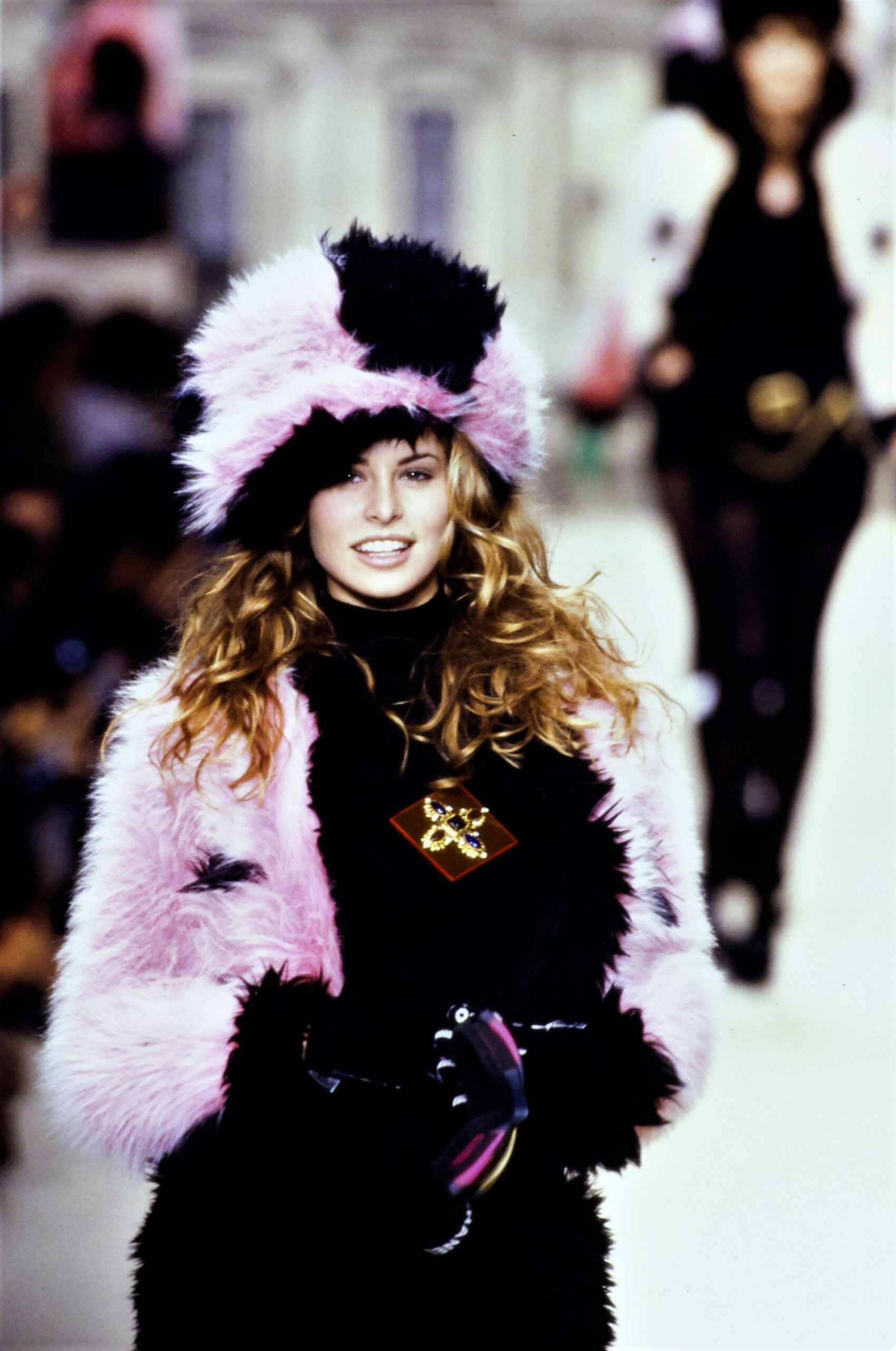 pink black fur coat with hat