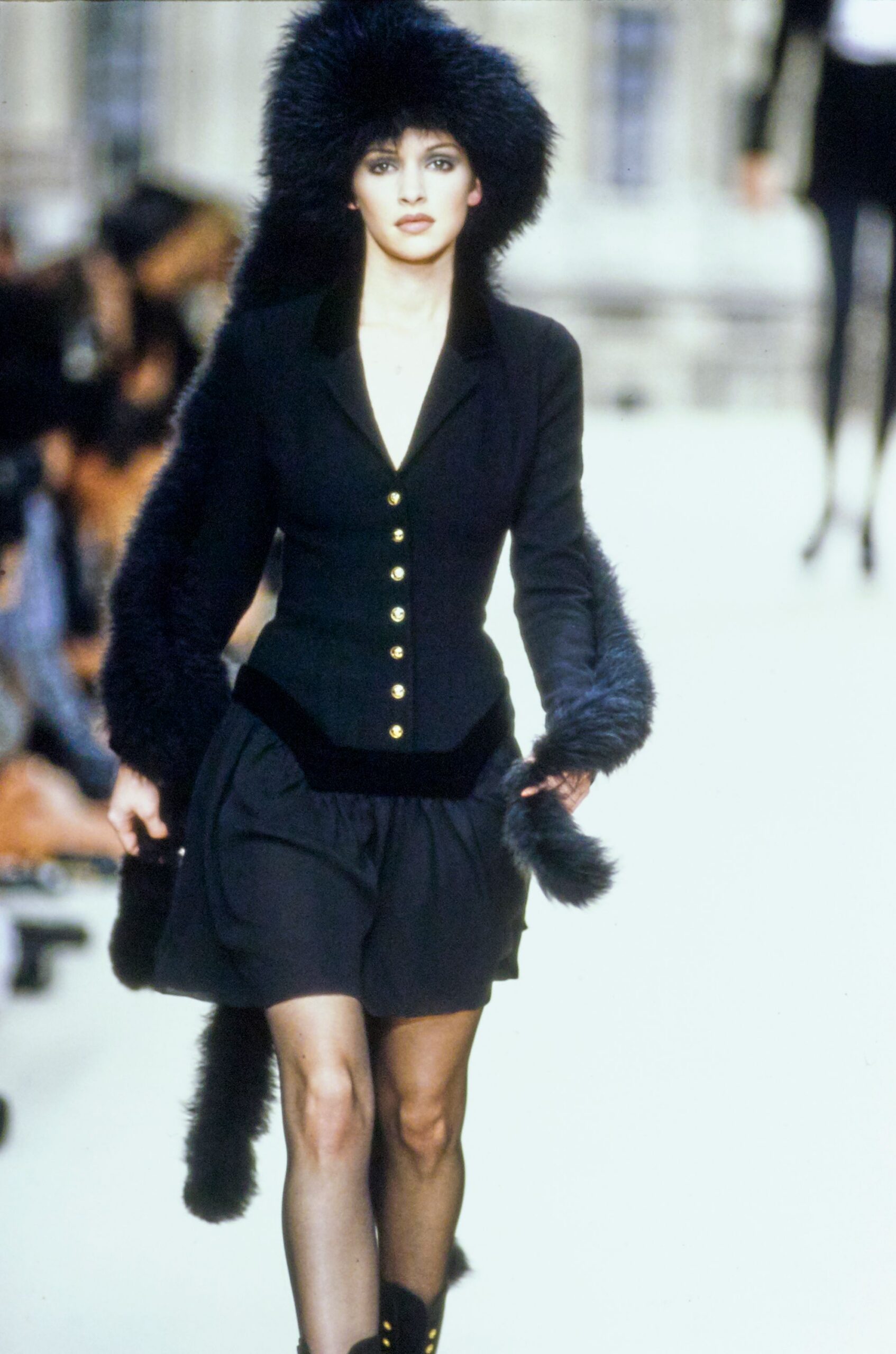 black wool mini dress with fur coat