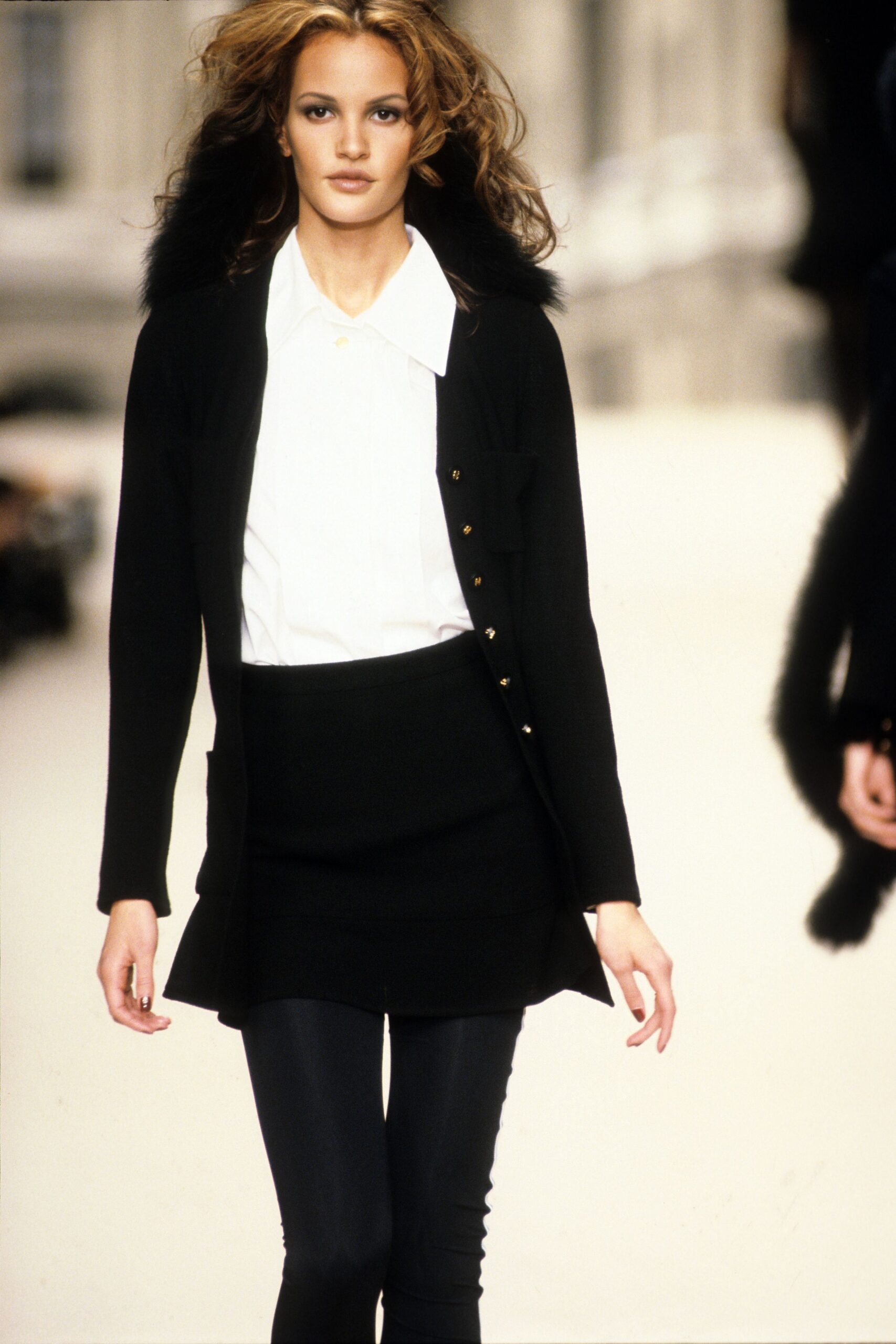 black blazer white shirt mini skirt