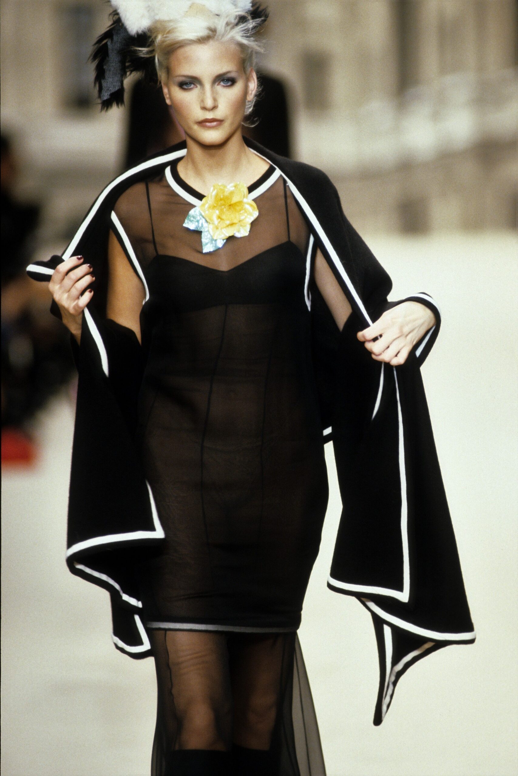 black sheer midi dress with cape