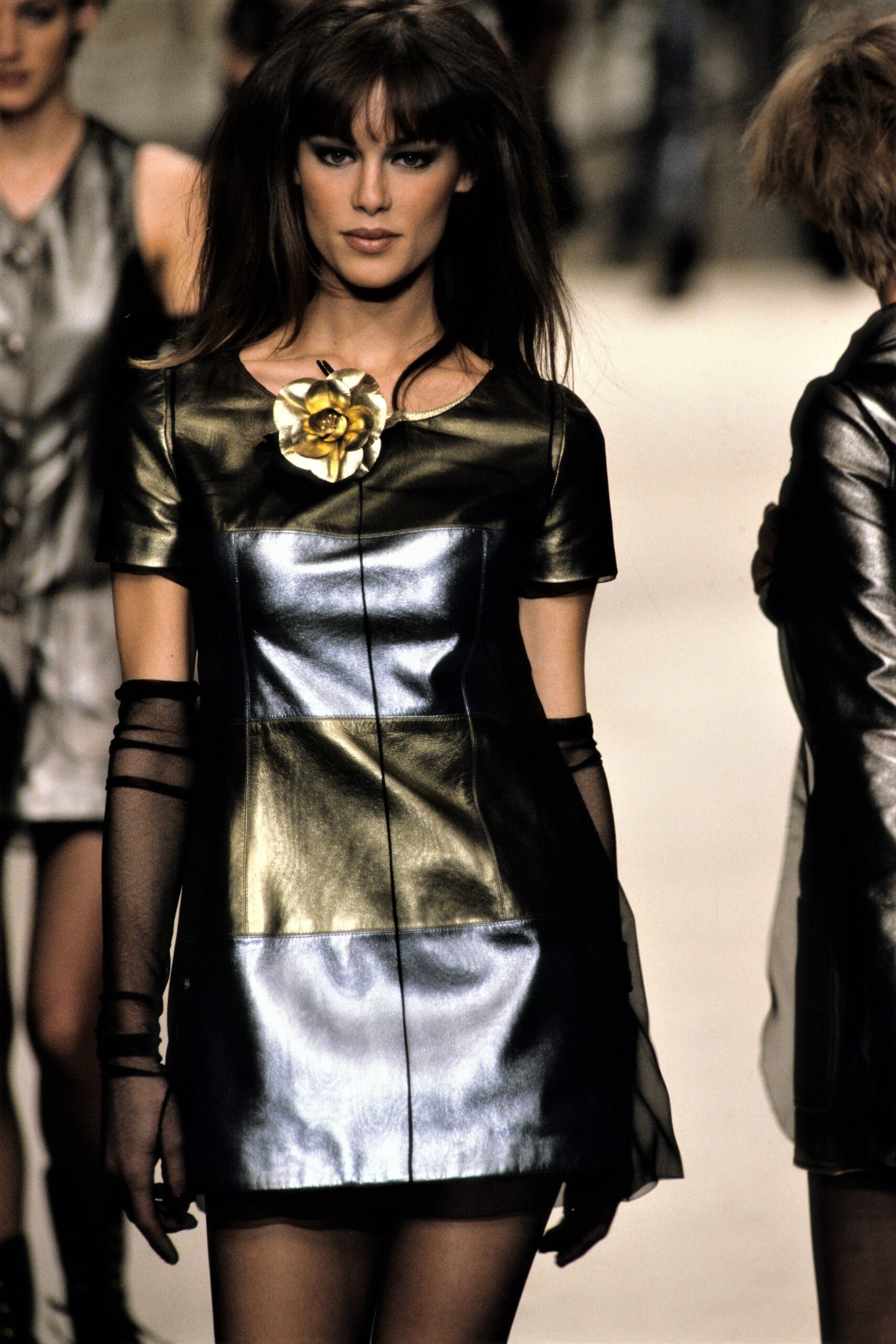 fitted leather color-blocked mini dress