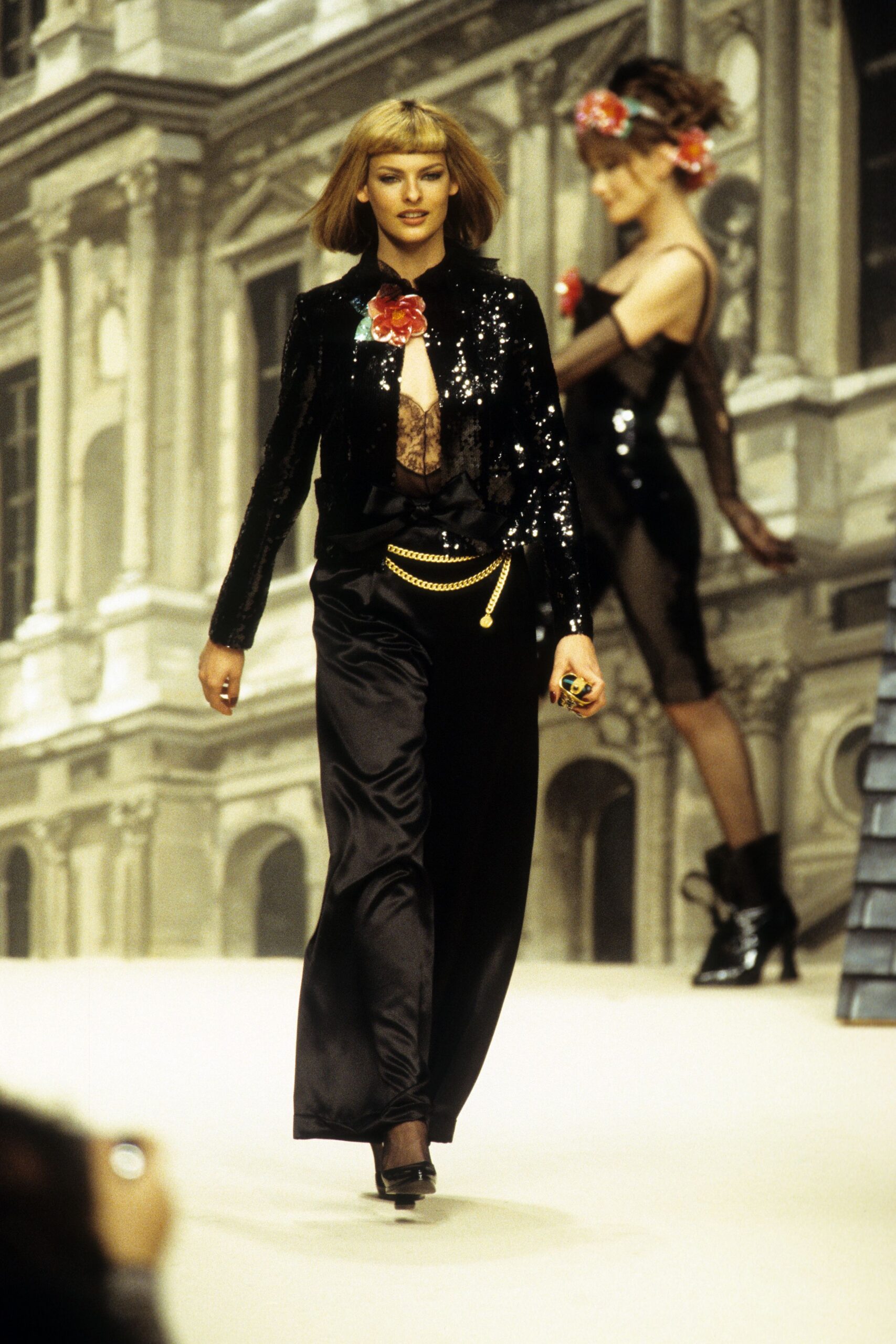 black sequin top with relaxed pants