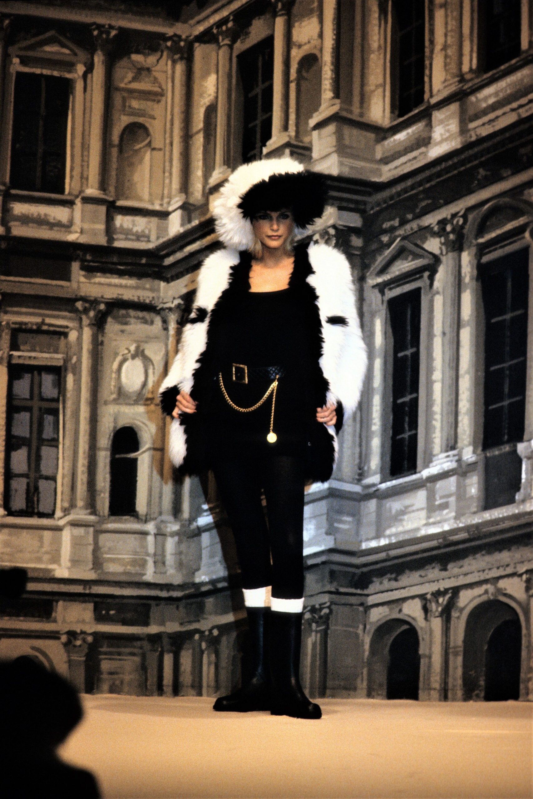 black and white fur coat