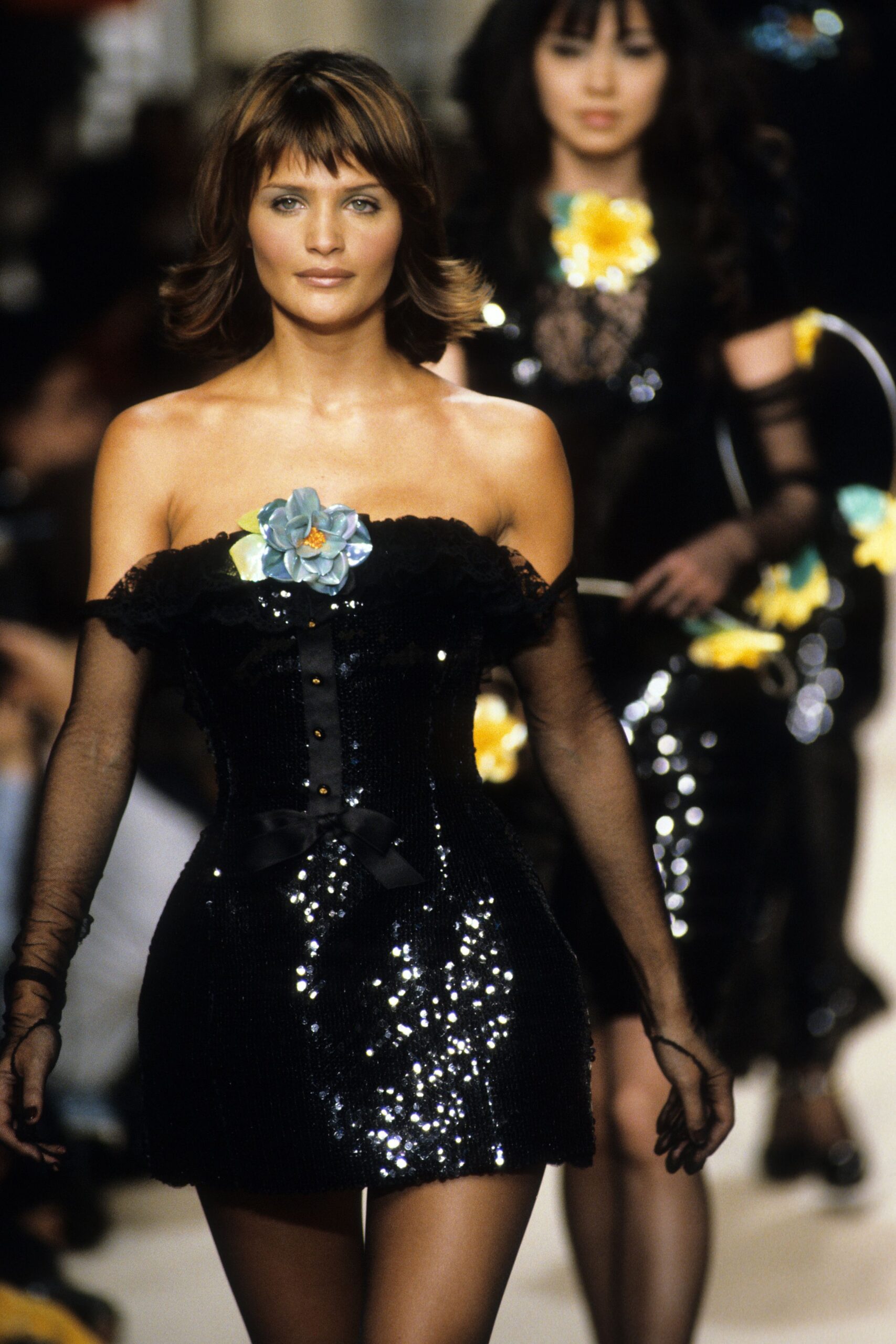 black sequin strapless mini-dress
