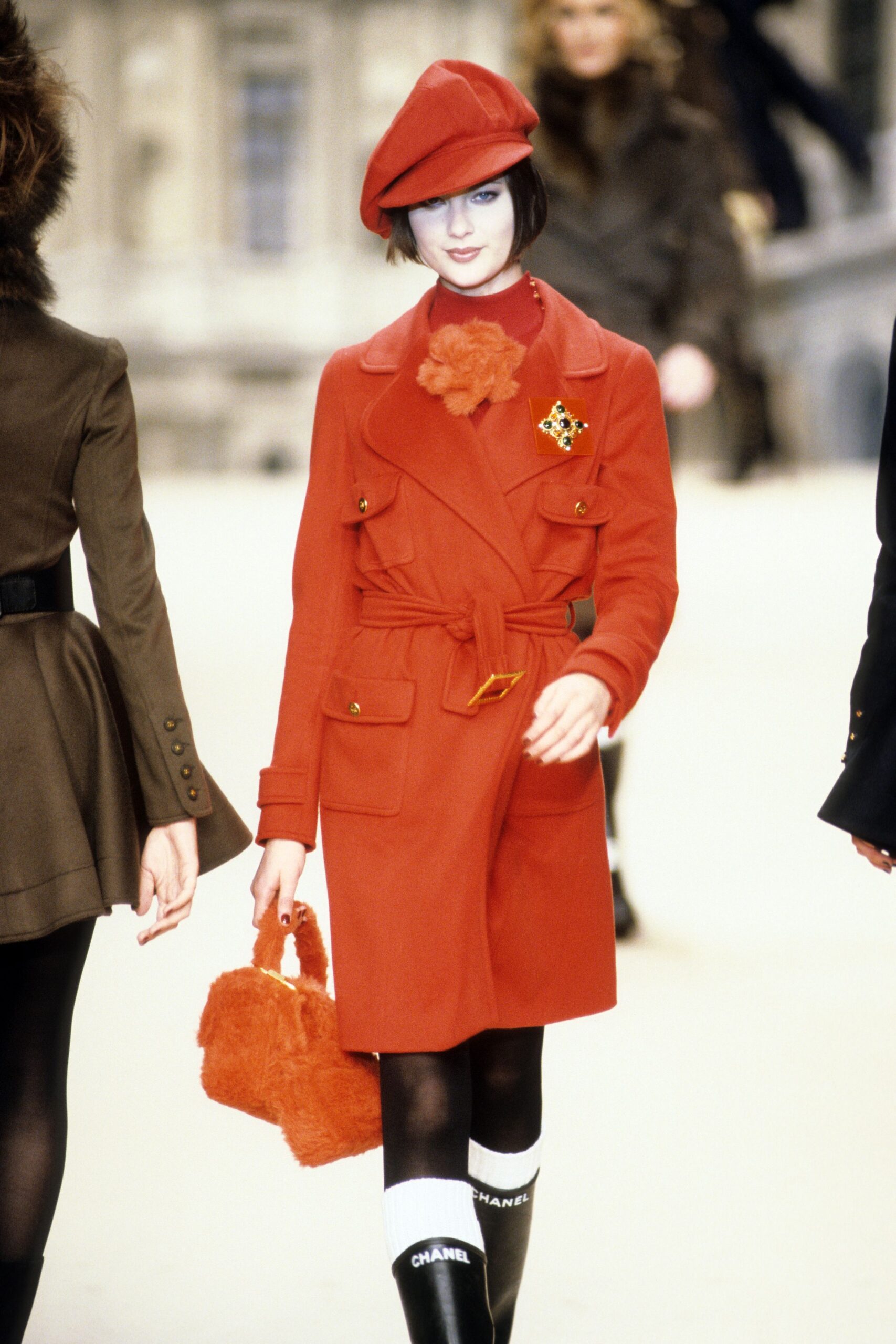 red wool coat with accessories