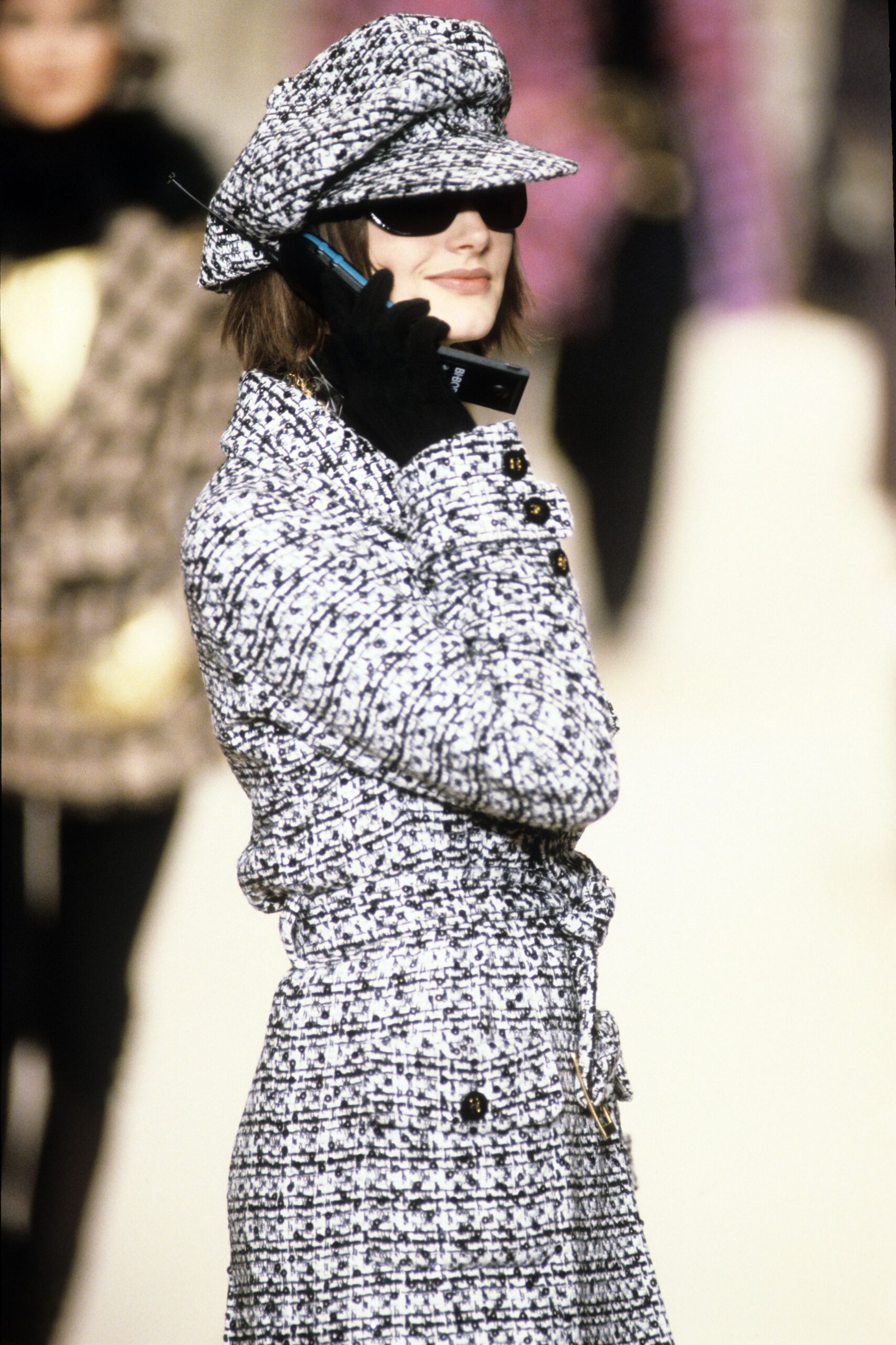 black and white tweed coat
