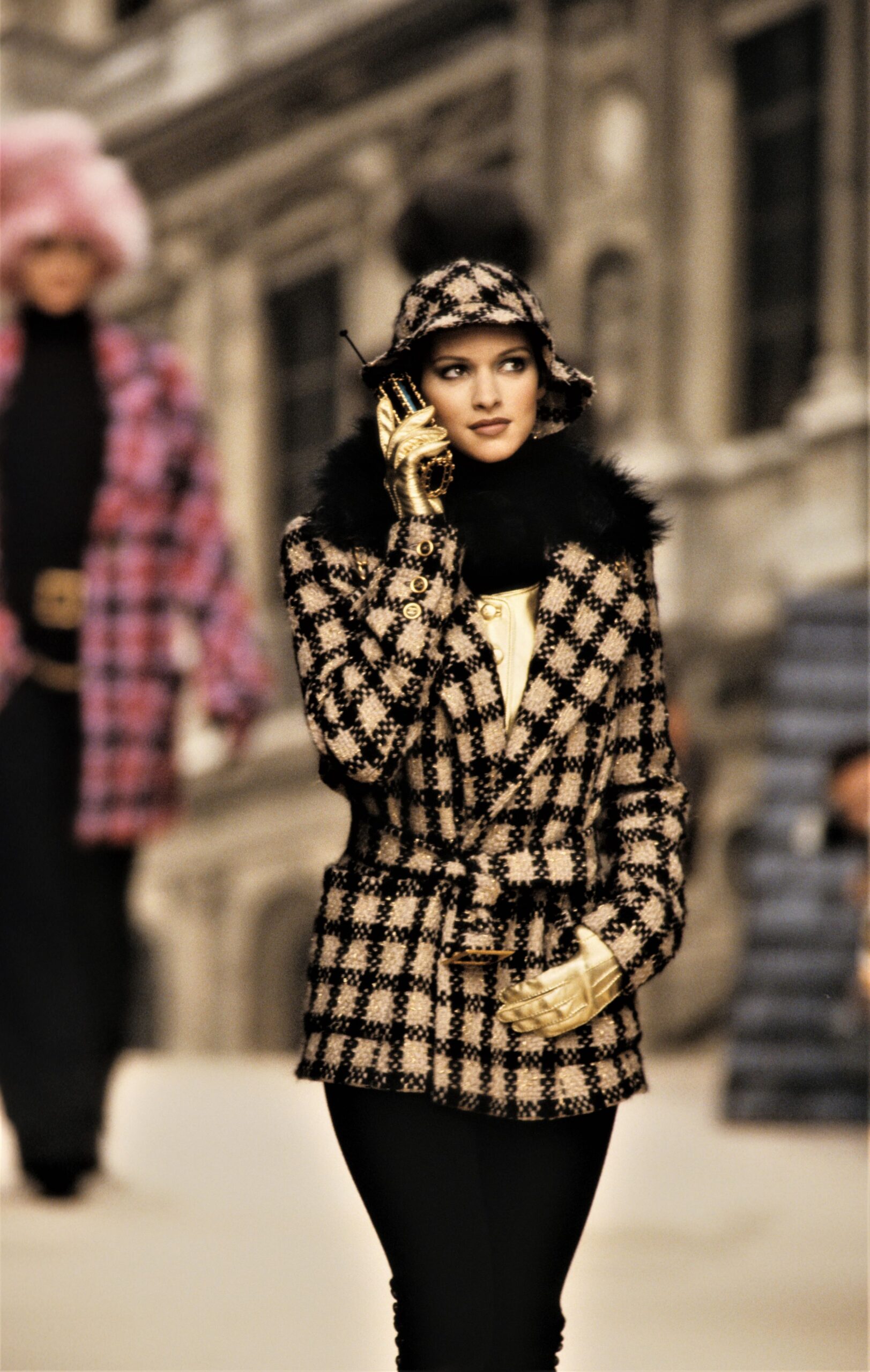 checked wool coat with scarf
