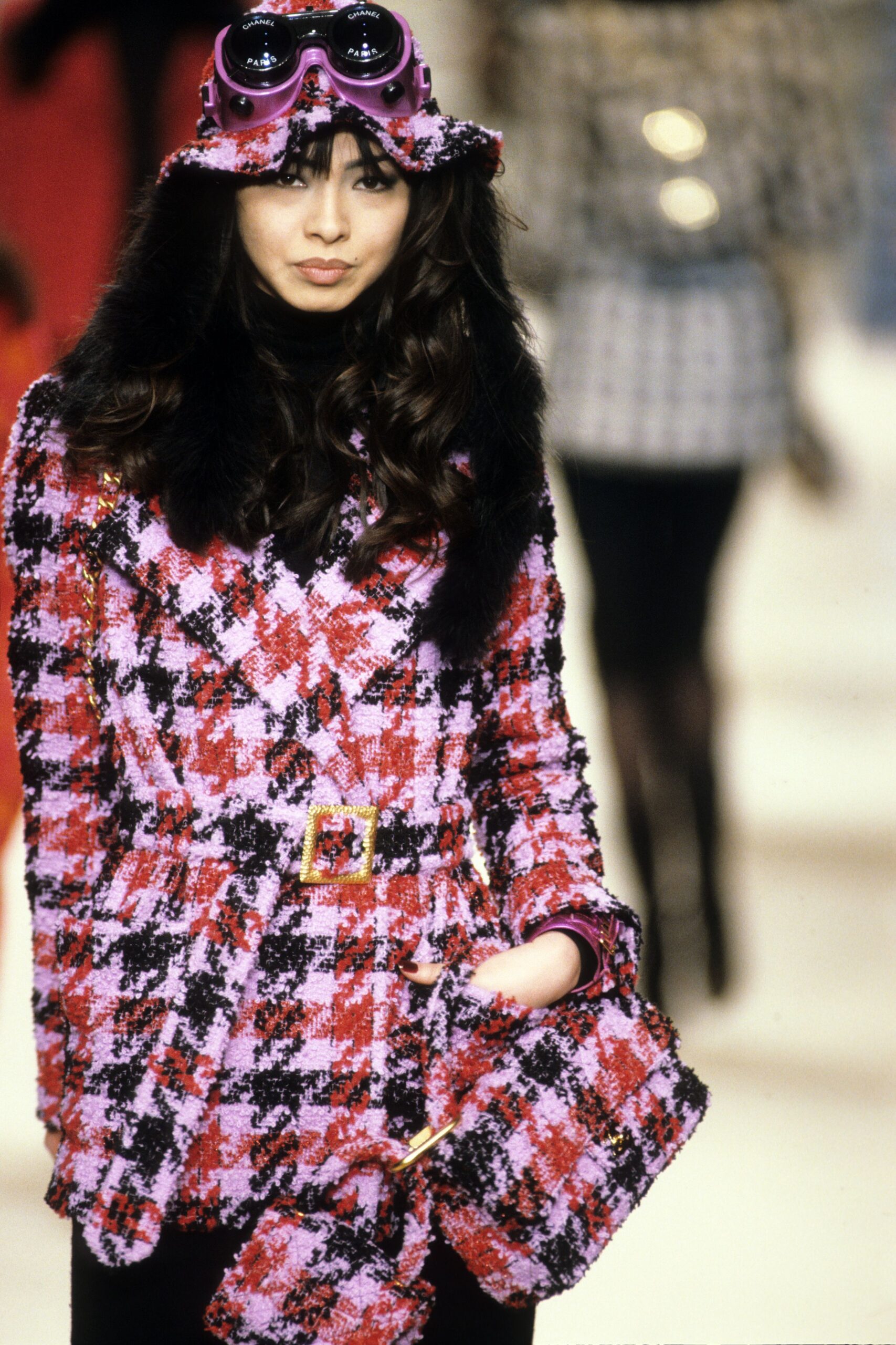 pink tweed coat with fringed hat