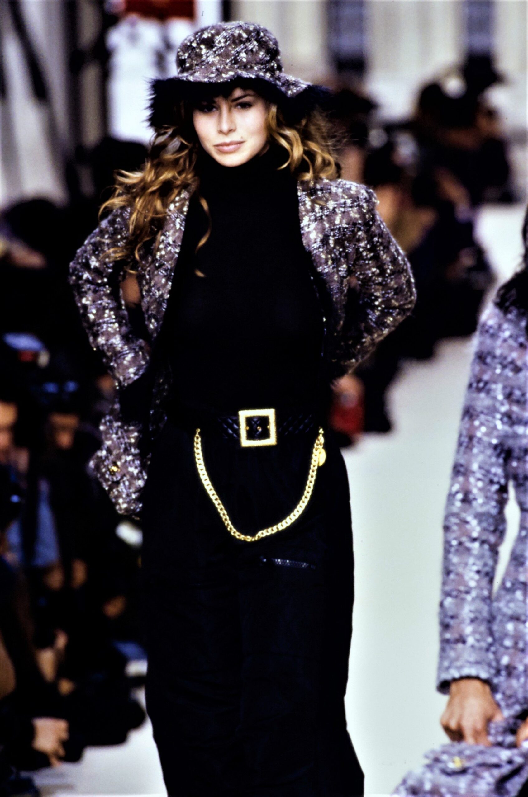 gray sequin jacket with black turtleneck