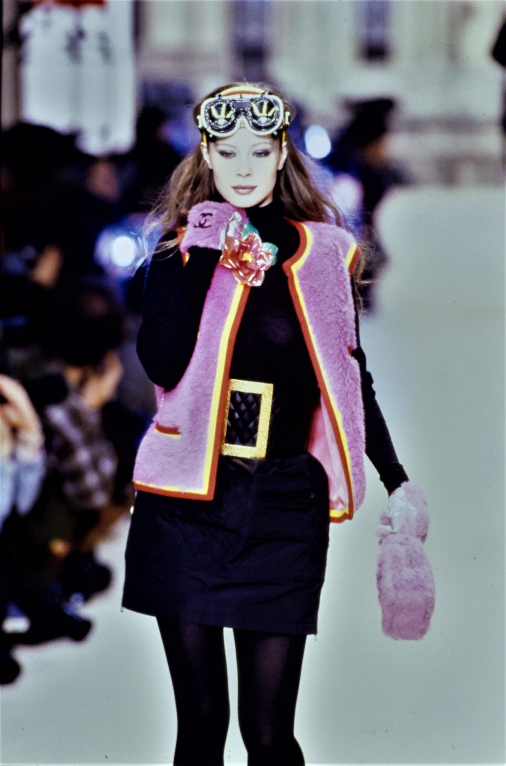 pink faux-fur vest with black top