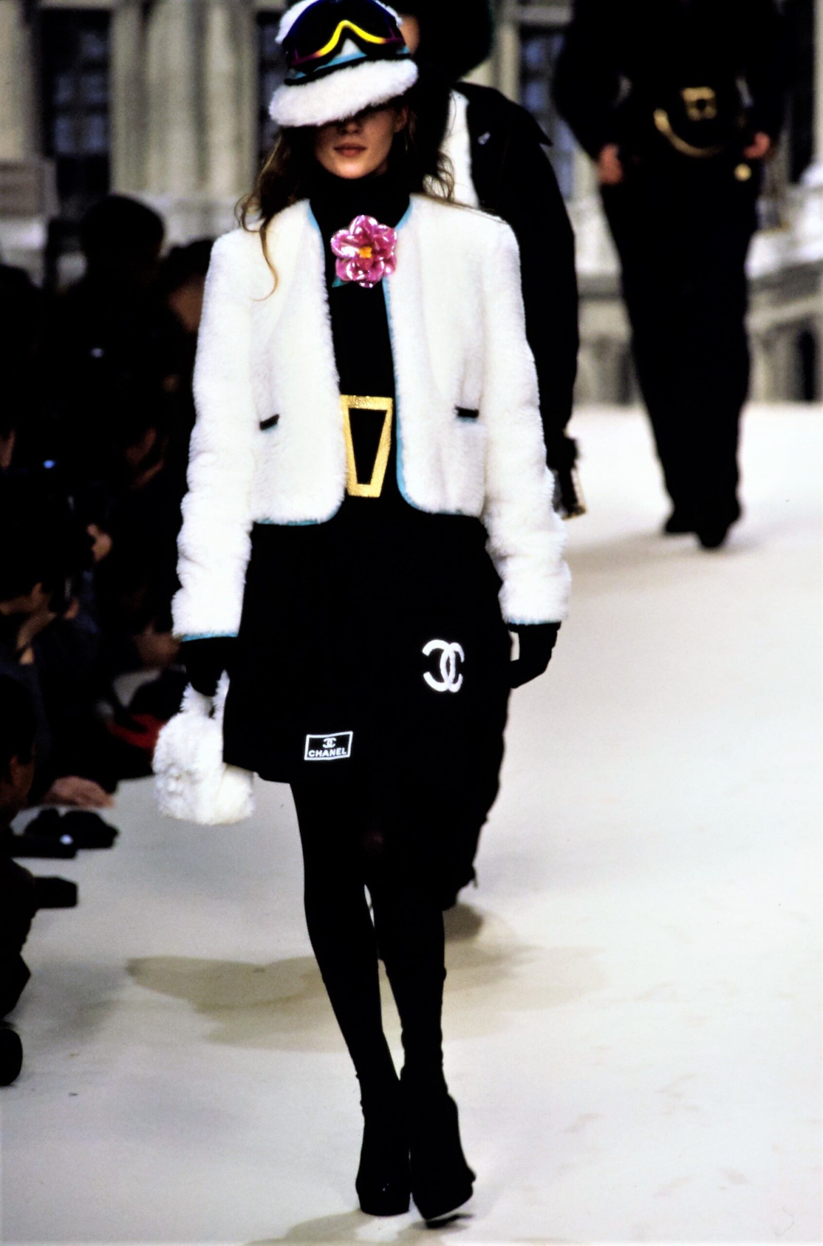 white fur jacket black dress