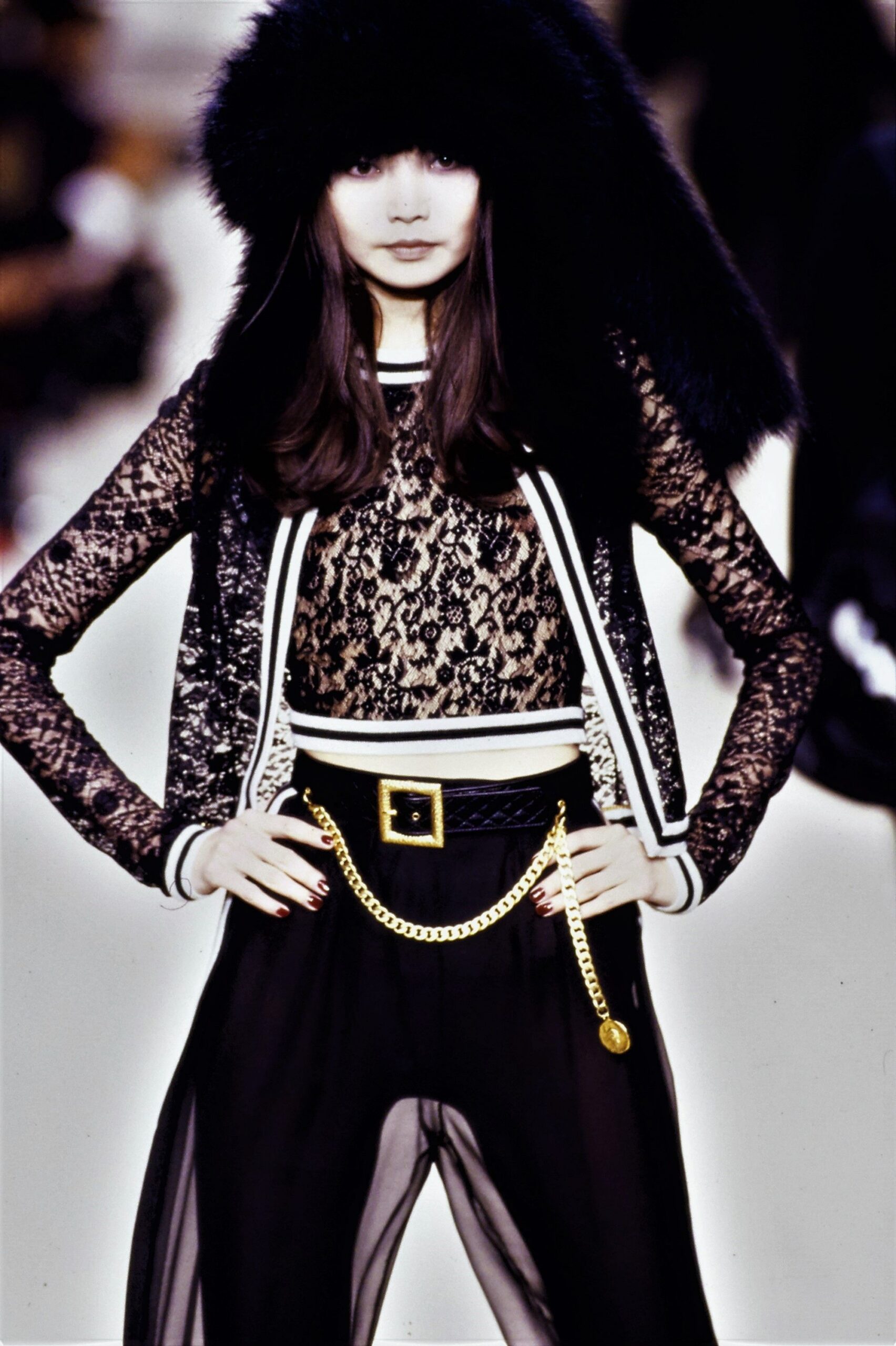 black lace jacket with sheer pants