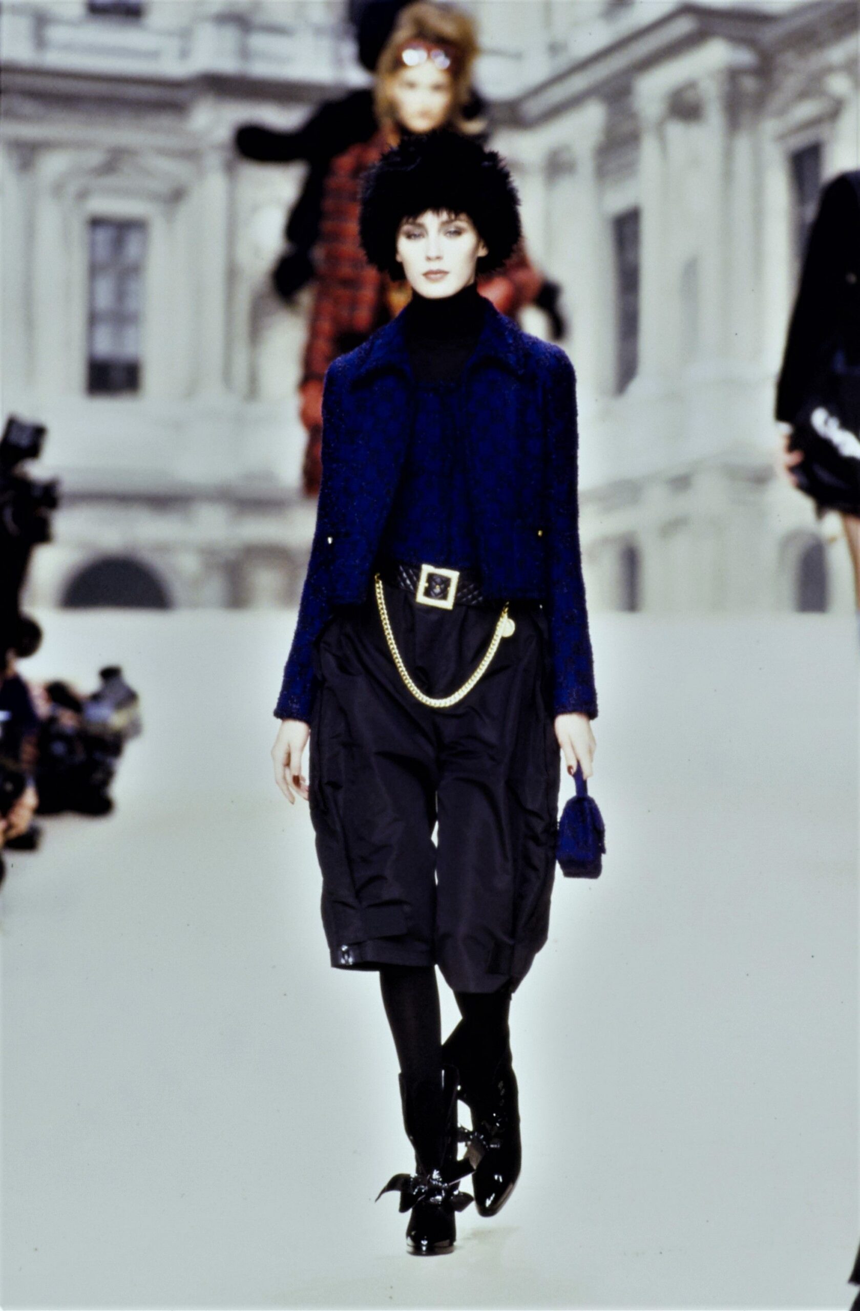 blue fitted jacket with cargo pants