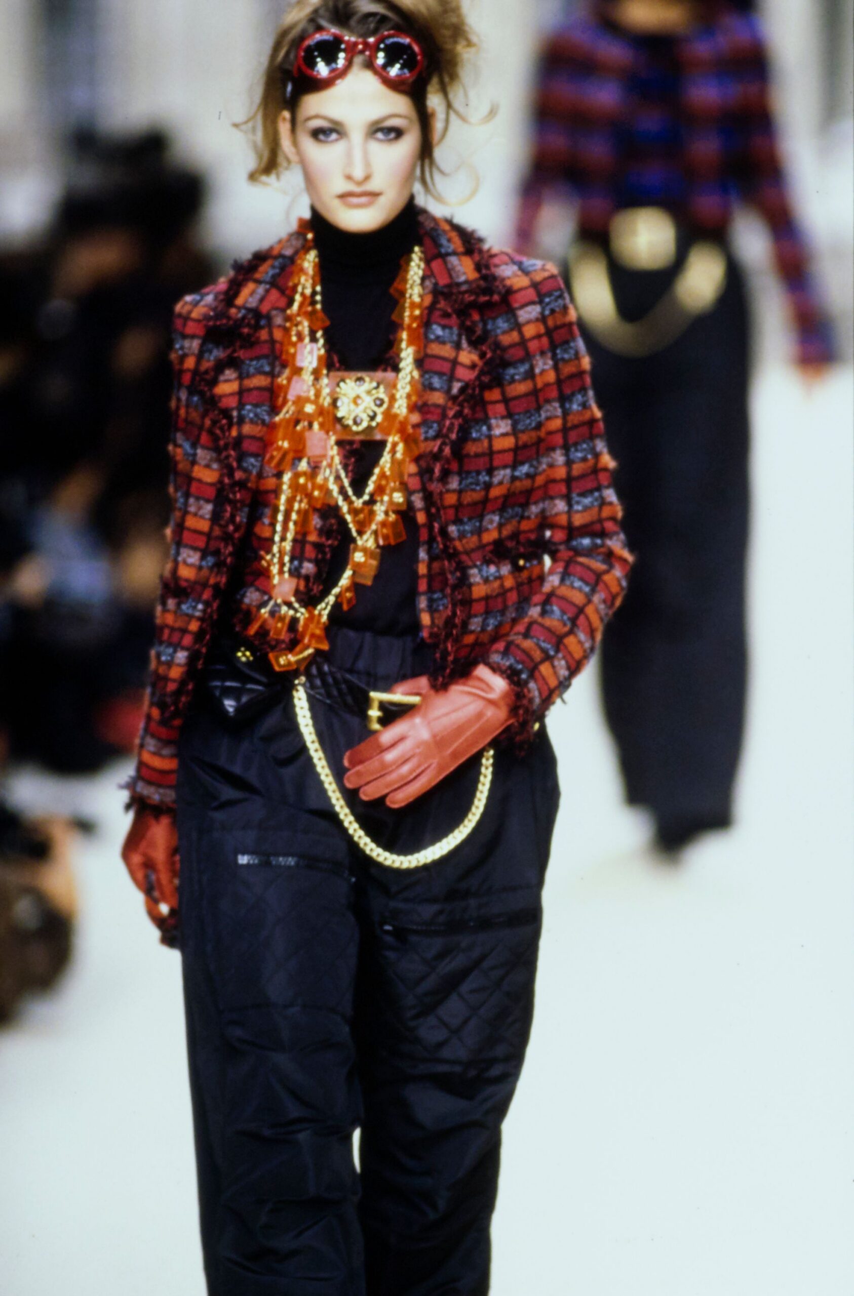 red checked jacket with black top
