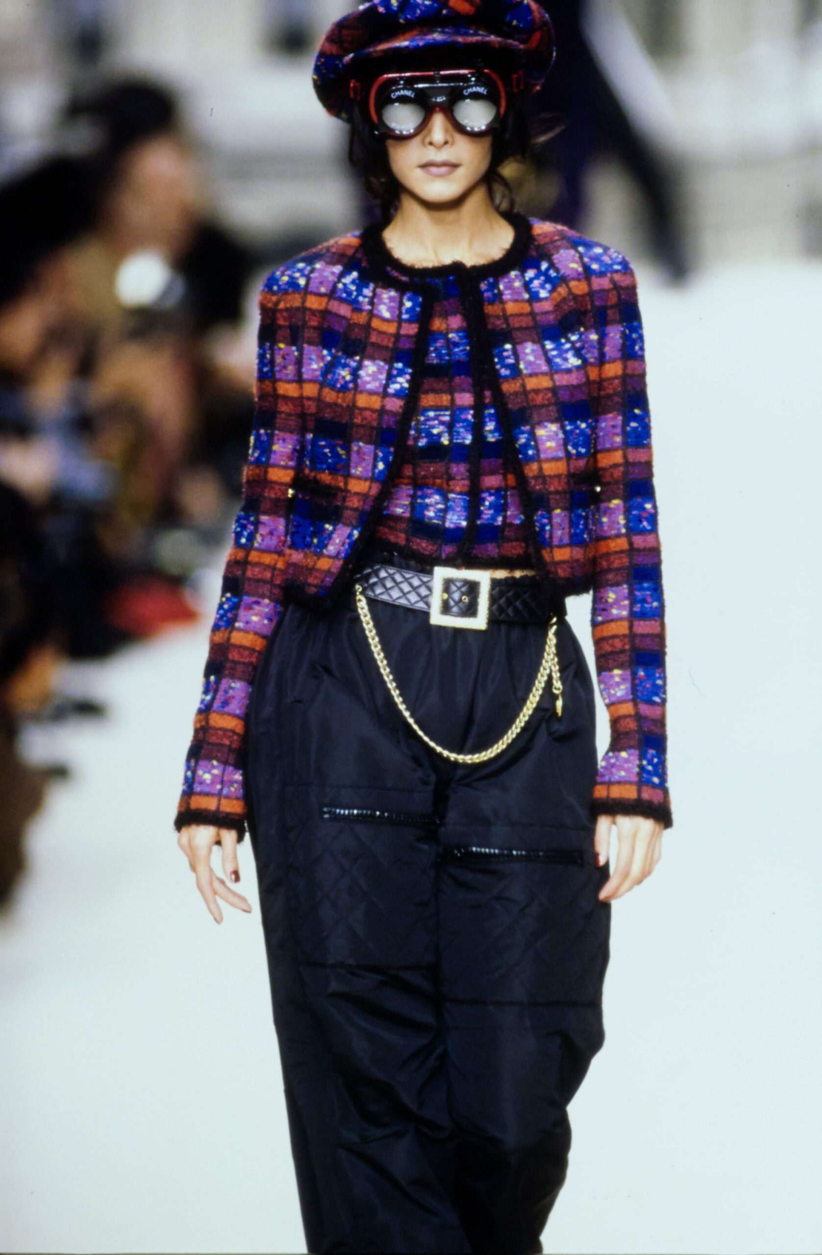 colorful tweed jacket with cargo pants