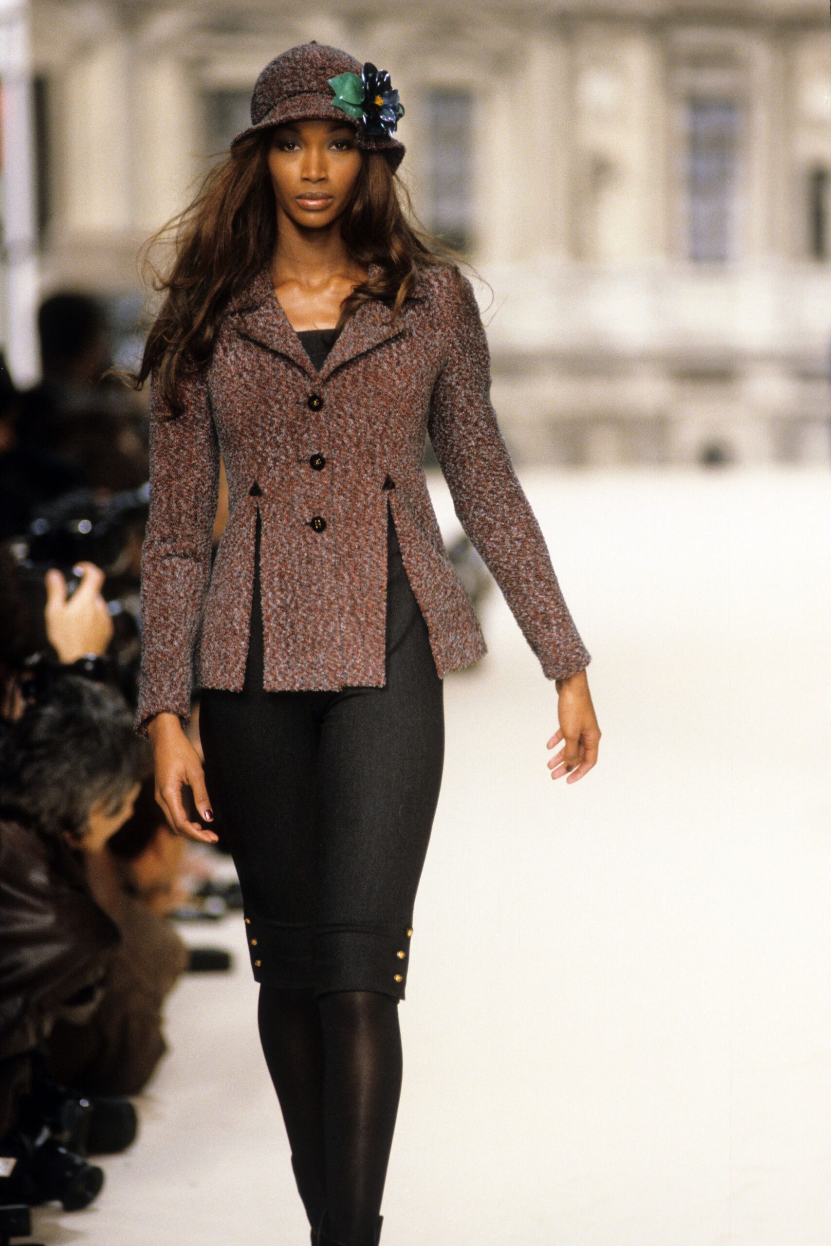 brown tweed tailored jacket with black pants
