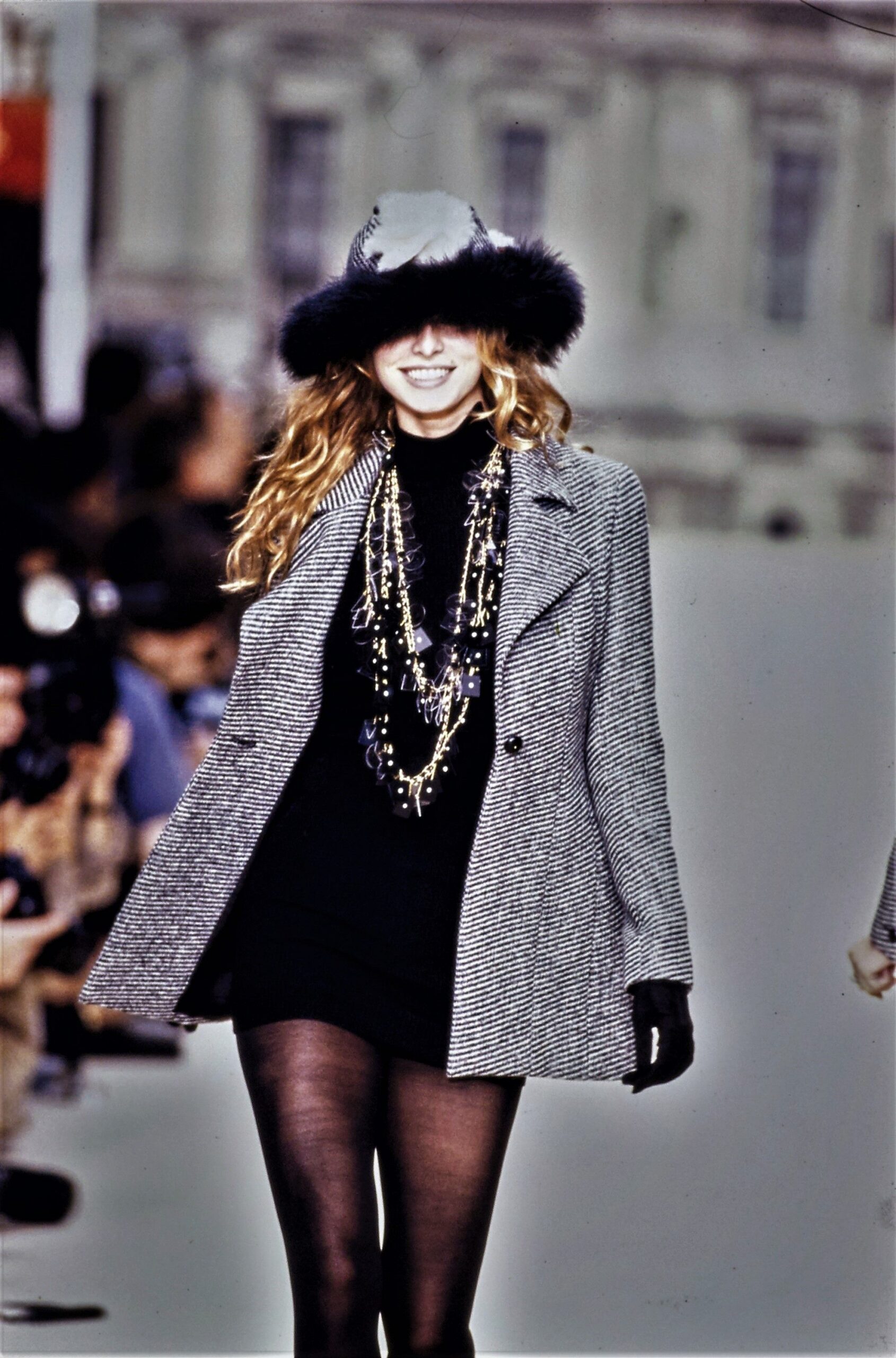 gray tailored coat black mini dress