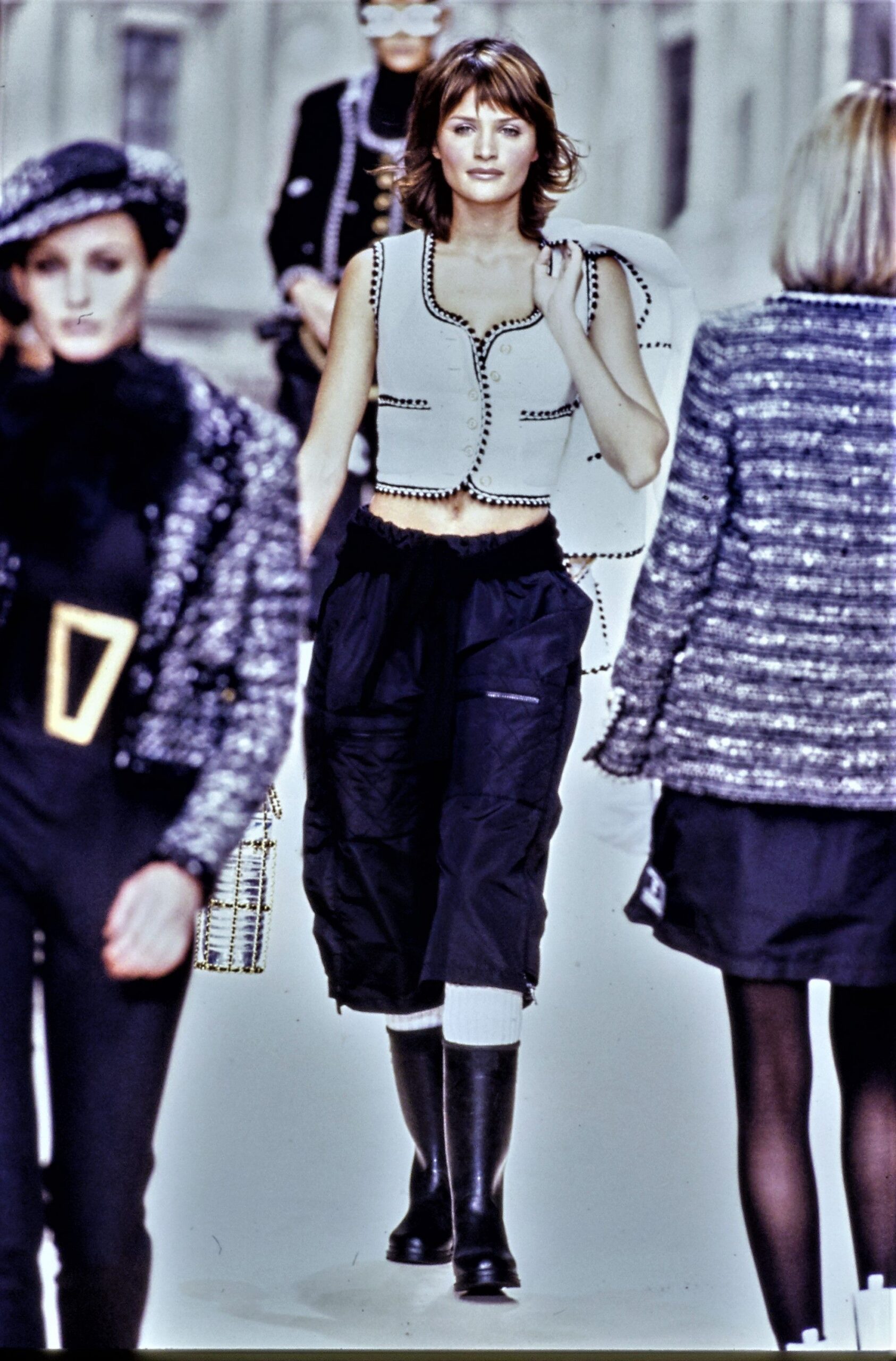fitted white top with black pants
