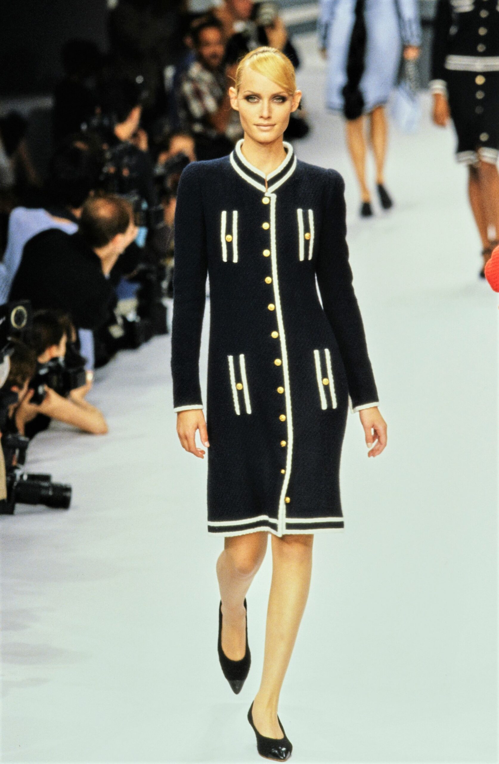 navy wool fitted dress with buttons