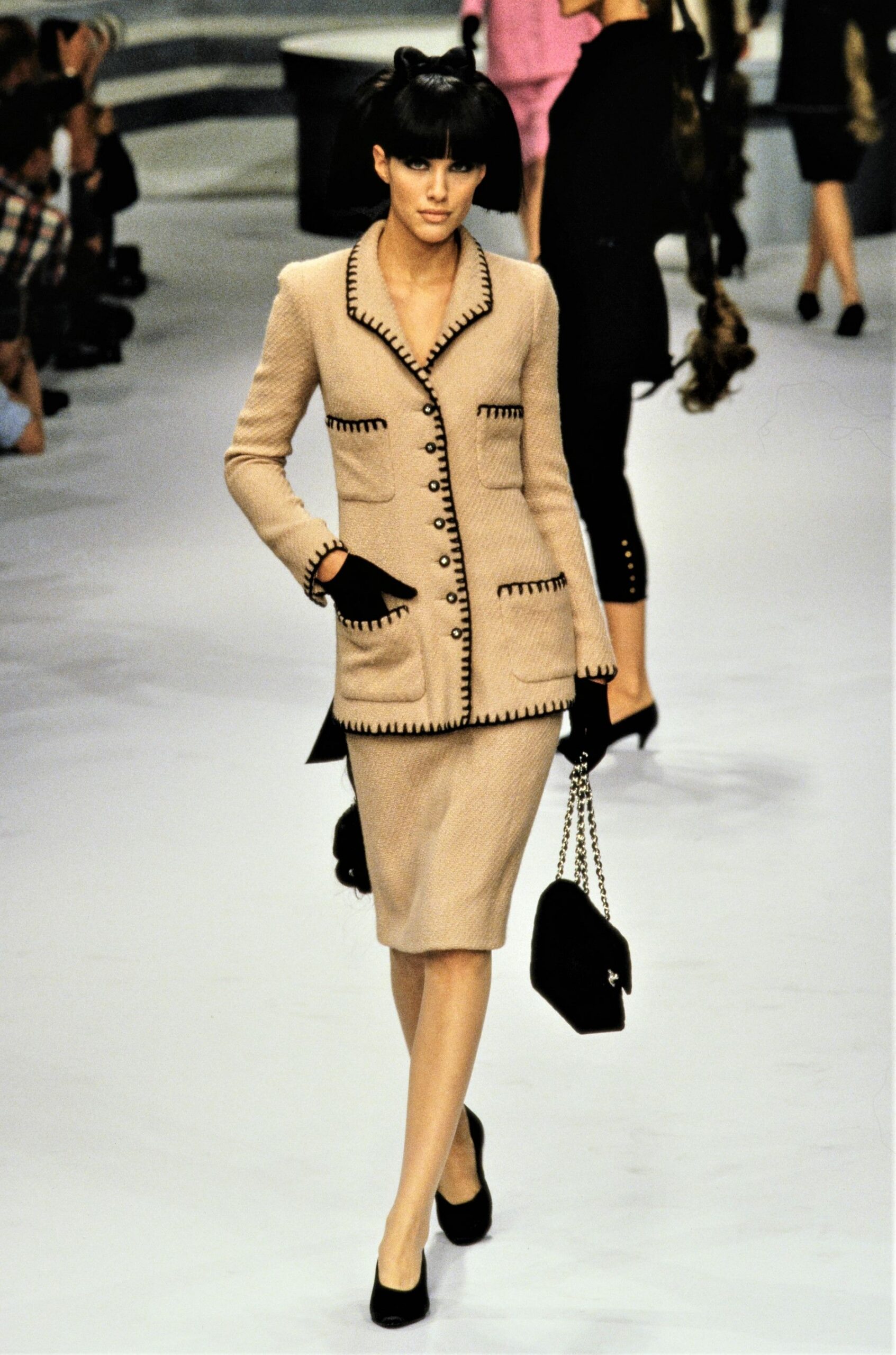 beige tweed blazer and pencil skirt